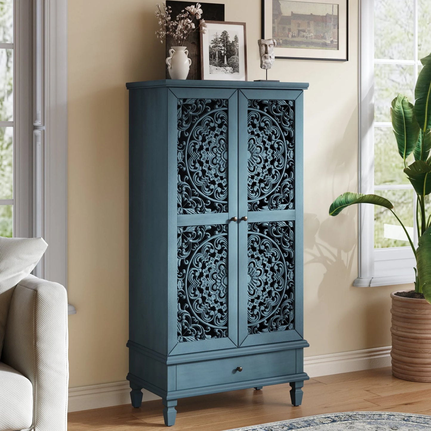 Rustic 55'' Tall Storage Cabinet with Drawer, Decorative 2-Door Carved Wood Accent Cabinet with Solid Wood Legs for Living Room, Hallway, Dining Room, Antique Green detail view 22