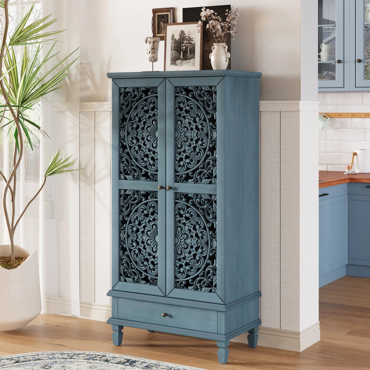 Rustic 55'' Tall Storage Cabinet with Drawer, Decorative 2-Door Carved Wood Accent Cabinet with Solid Wood Legs for Living Room, Hallway, Dining Room, Antique Green detail view 24