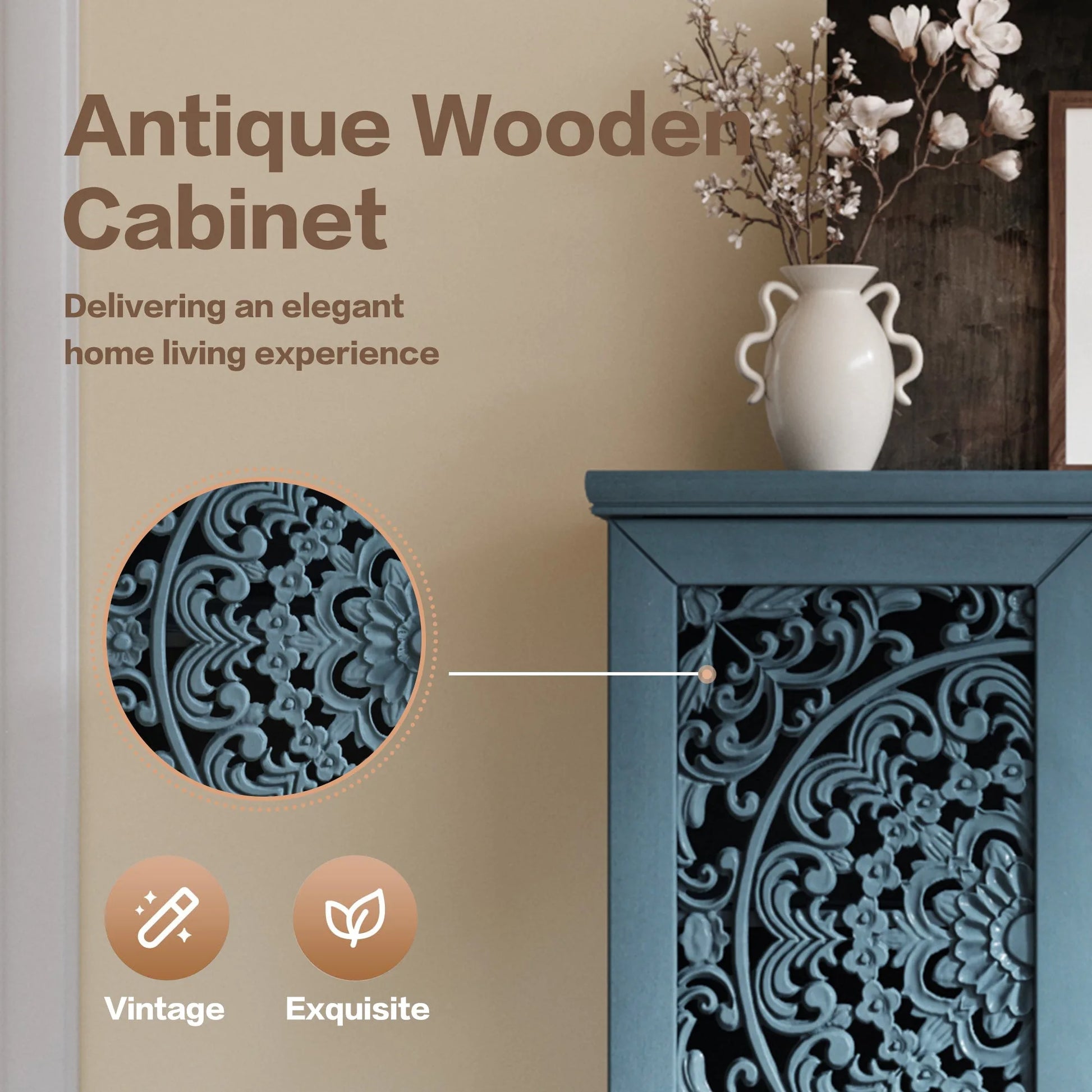 Rustic 55'' Tall Storage Cabinet with Drawer, Decorative 2-Door Carved Wood Accent Cabinet with Solid Wood Legs for Living Room, Hallway, Dining Room, Antique Green detail view 30