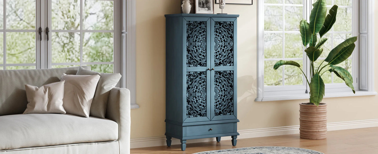 Rustic 55'' Tall Storage Cabinet with Drawer, Decorative 2-Door Carved Wood Accent Cabinet with Solid Wood Legs for Living Room, Hallway, Dining Room, Antique Green detail view 31