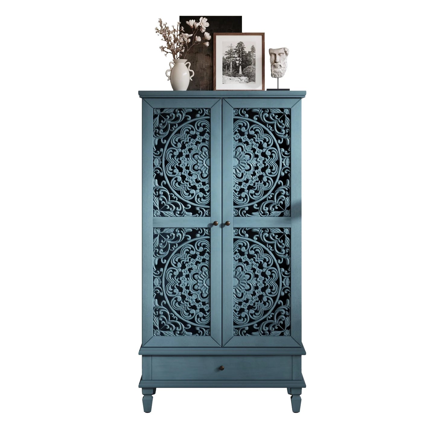 Rustic 55'' Tall Storage Cabinet with Drawer, Decorative 2-Door Carved Wood Accent Cabinet with Solid Wood Legs for Living Room, Hallway, Dining Room, Antique Green detail view 32
