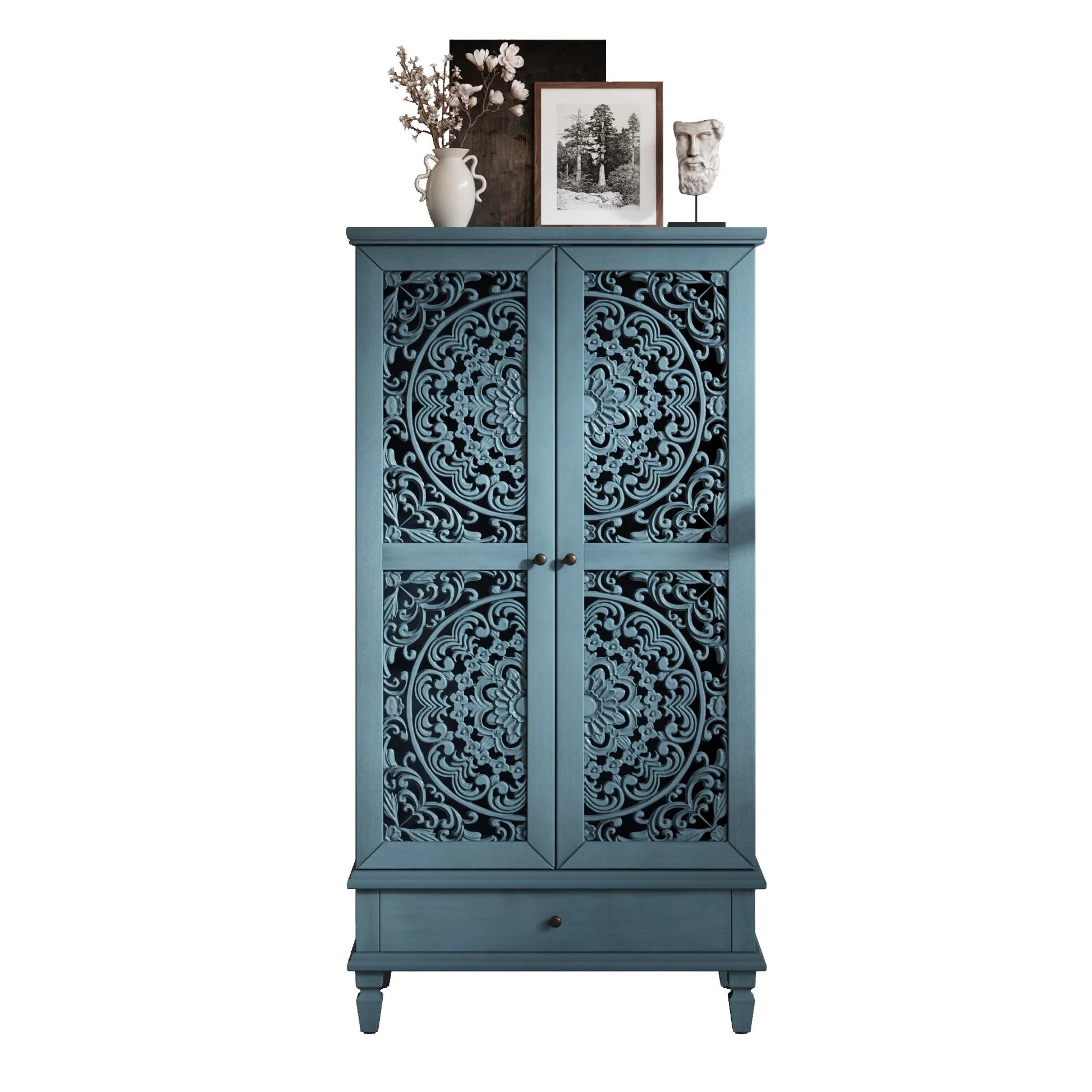 Rustic 55'' Tall Storage Cabinet with Drawer, Decorative 2-Door Carved Wood Accent Cabinet with Solid Wood Legs for Living Room, Hallway, Dining Room, Antique Green detail view 32