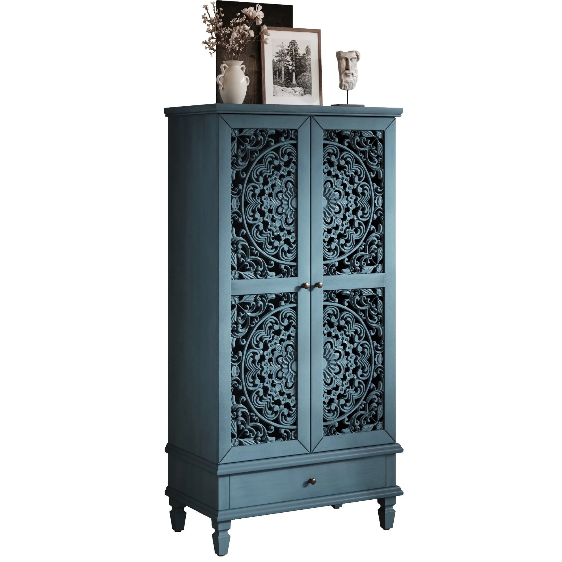 Rustic 55'' Tall Storage Cabinet with Drawer, Decorative 2-Door Carved Wood Accent Cabinet with Solid Wood Legs for Living Room, Hallway, Dining Room, Antique Green detail view 33