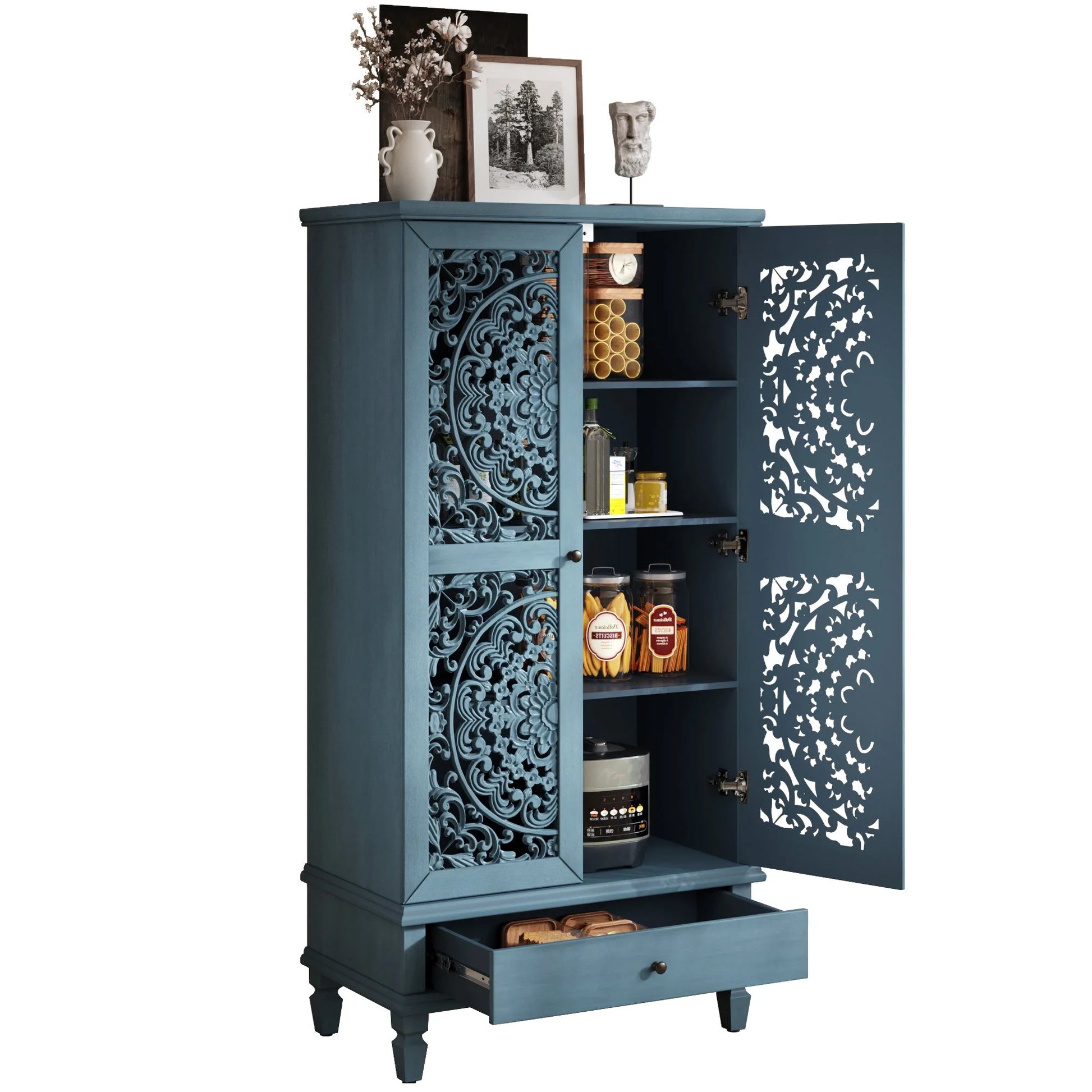 Rustic 55'' Tall Storage Cabinet with Drawer, Decorative 2-Door Carved Wood Accent Cabinet with Solid Wood Legs for Living Room, Hallway, Dining Room, Antique Green detail view 34