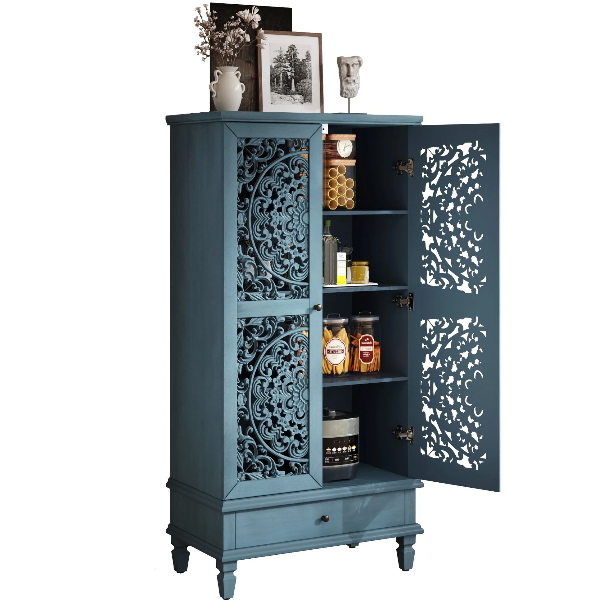 Rustic 55'' Tall Storage Cabinet with Drawer, Decorative 2-Door Carved Wood Accent Cabinet with Solid Wood Legs for Living Room, Hallway, Dining Room, Antique Green detail view 35