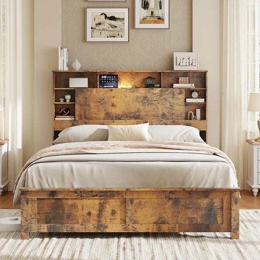 Full Size Bed Frame with Storage Headboard, Wood Platform Bed Frame with Charging Station, LED Lights & Bookcase, No Box Spring Needed, Dark Brown lifestyle view