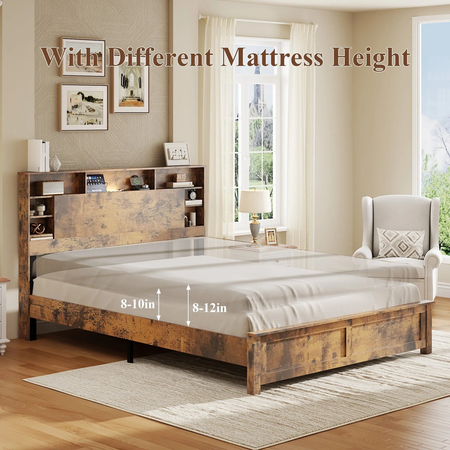 Full Size Bed Frame with Storage Headboard, Wood Platform Bed Frame with Charging Station, LED Lights & Bookcase, No Box Spring Needed, Dark Brown detail view 2