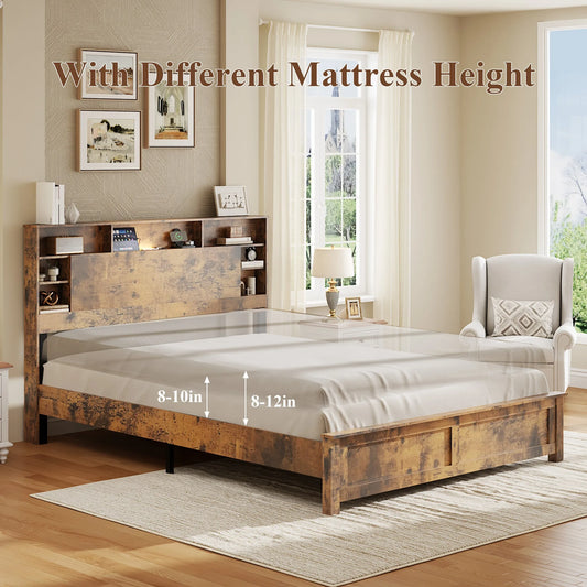 Full Size Bed Frame with Storage Headboard, Wood Platform Bed Frame with Charging Station, LED Lights & Bookcase, No Box Spring Needed, Dark Brown detail view 2