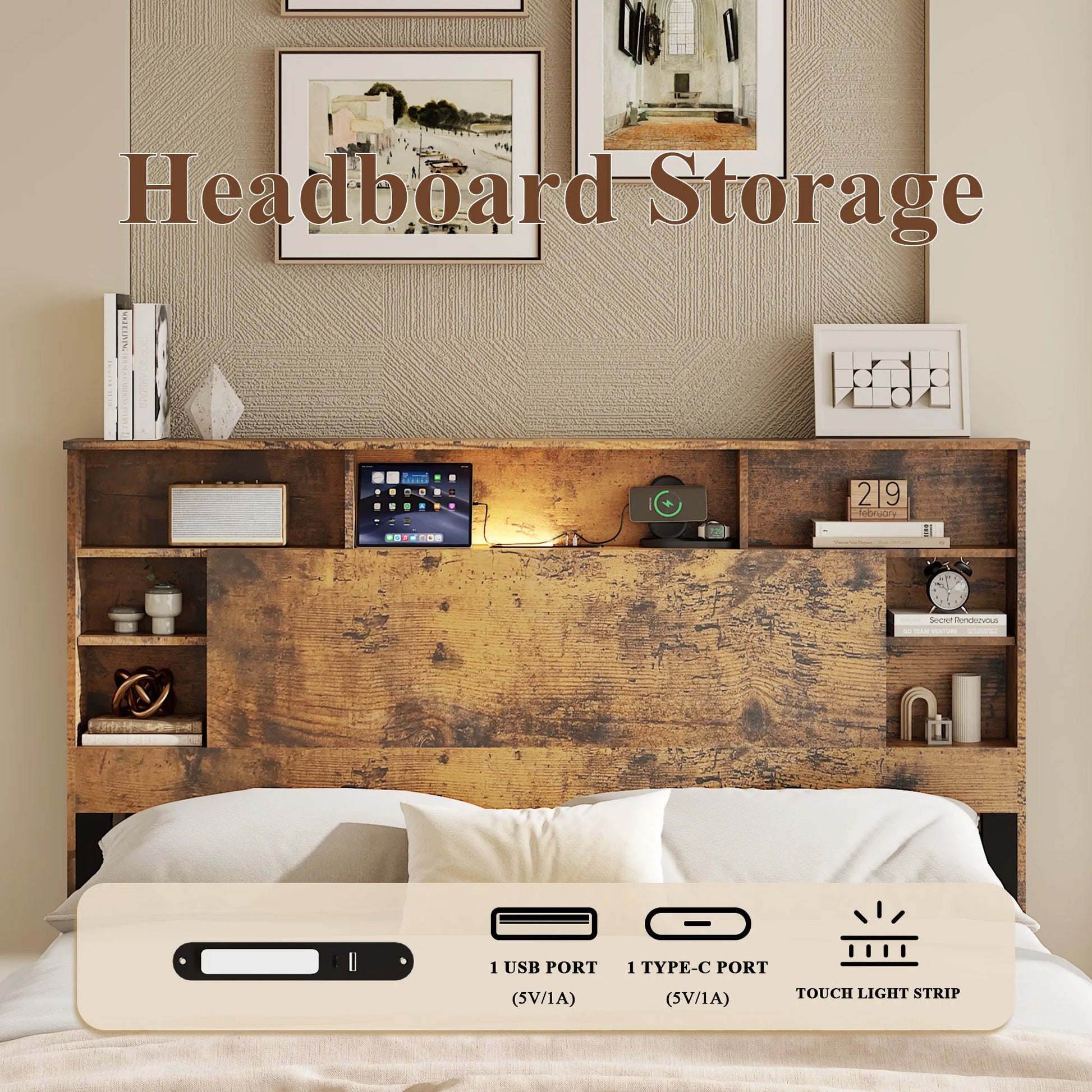 Full Size Bed Frame with Storage Headboard, Wood Platform Bed Frame with Charging Station, LED Lights & Bookcase, No Box Spring Needed, Dark Brown detail view 3