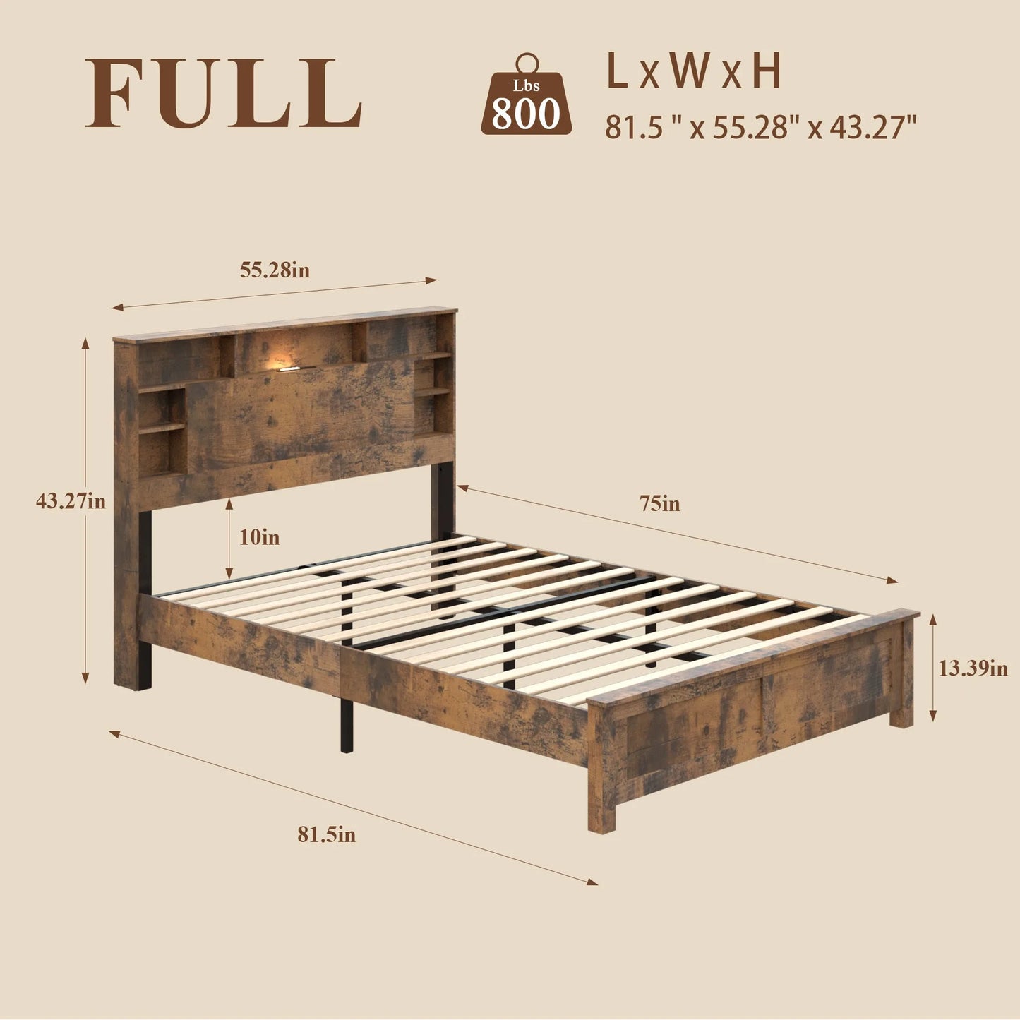 Full Size Bed Frame with Storage Headboard, Wood Platform Bed Frame with Charging Station, LED Lights & Bookcase, No Box Spring Needed, Dark Brown detail view 4