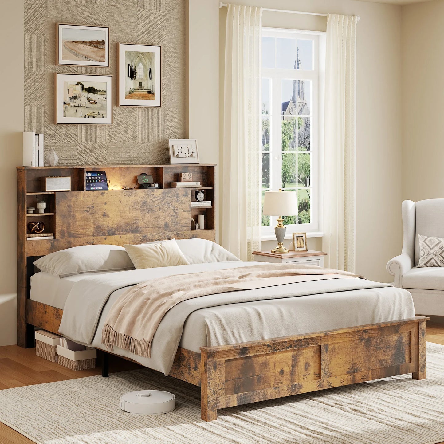 Full Size Bed Frame with Storage Headboard, Wood Platform Bed Frame with Charging Station, LED Lights & Bookcase, No Box Spring Needed, Dark Brown detail view 5