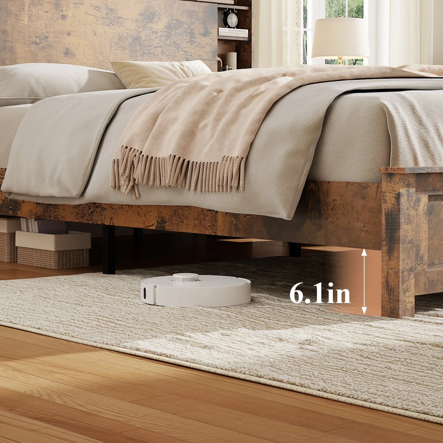 Full Size Bed Frame with Storage Headboard, Wood Platform Bed Frame with Charging Station, LED Lights & Bookcase, No Box Spring Needed, Dark Brown detail view 6