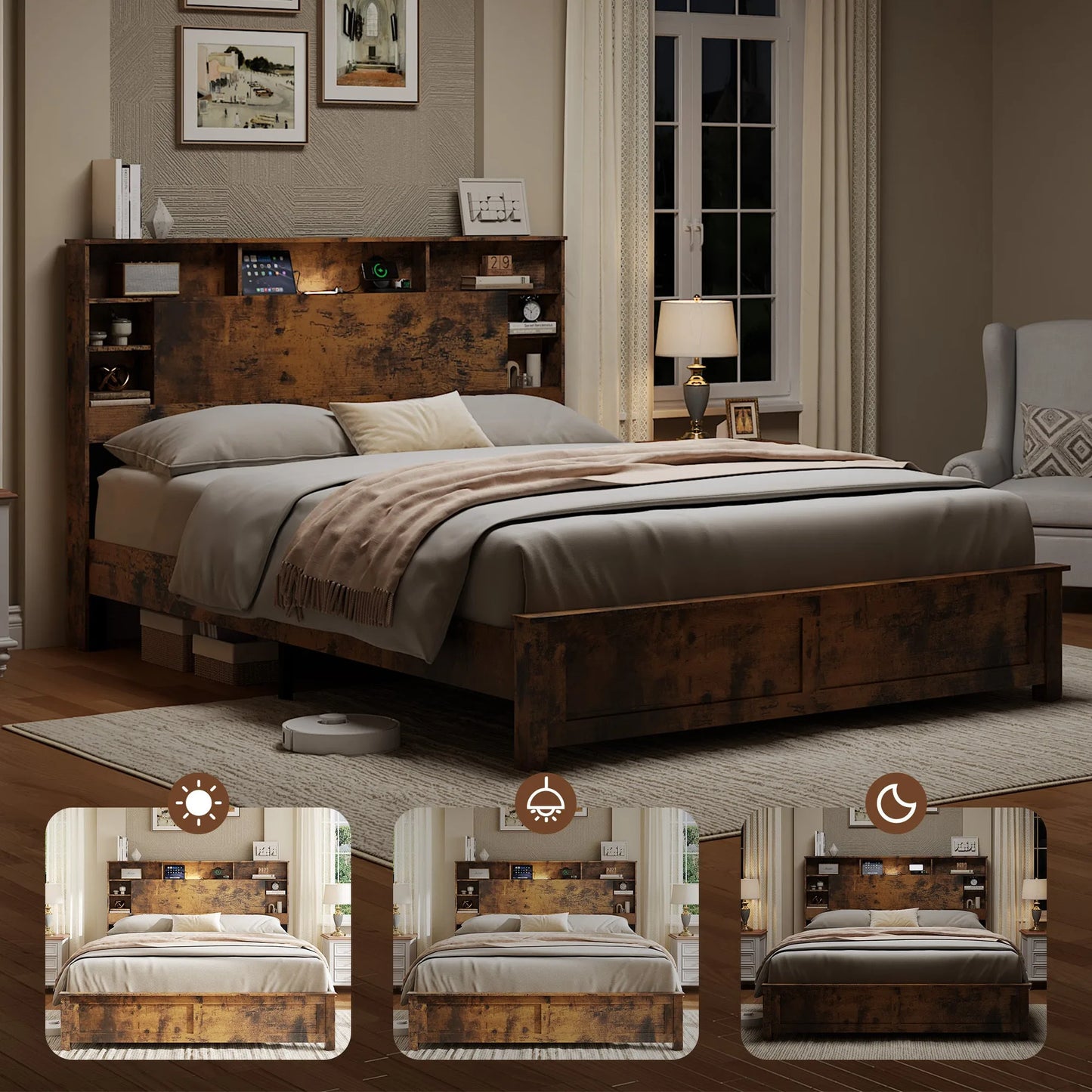 Full Size Bed Frame with Storage Headboard, Wood Platform Bed Frame with Charging Station, LED Lights & Bookcase, No Box Spring Needed, Dark Brown detail view 7