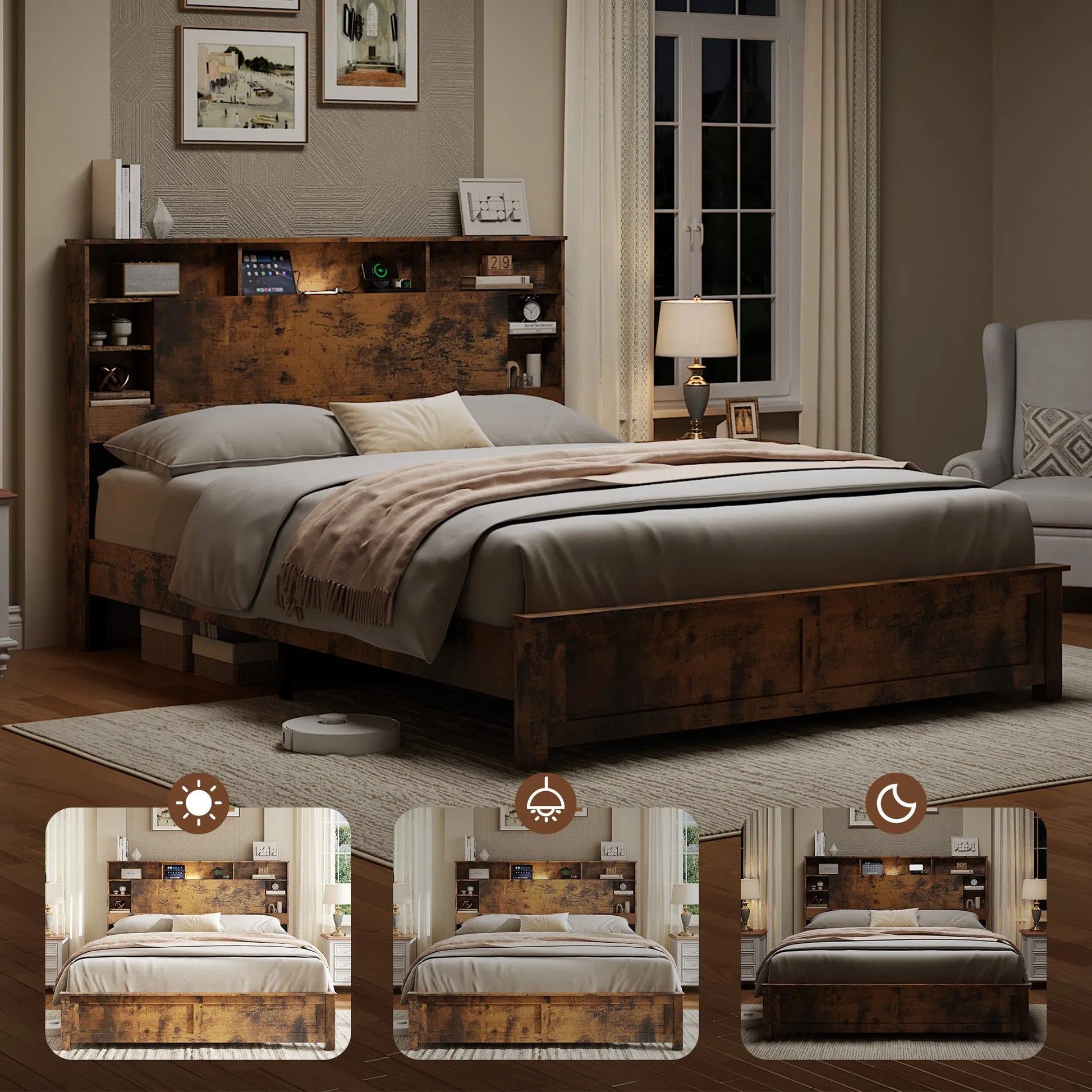 Full Size Bed Frame with Storage Headboard, Wood Platform Bed Frame with Charging Station, LED Lights & Bookcase, No Box Spring Needed, Dark Brown detail view 7