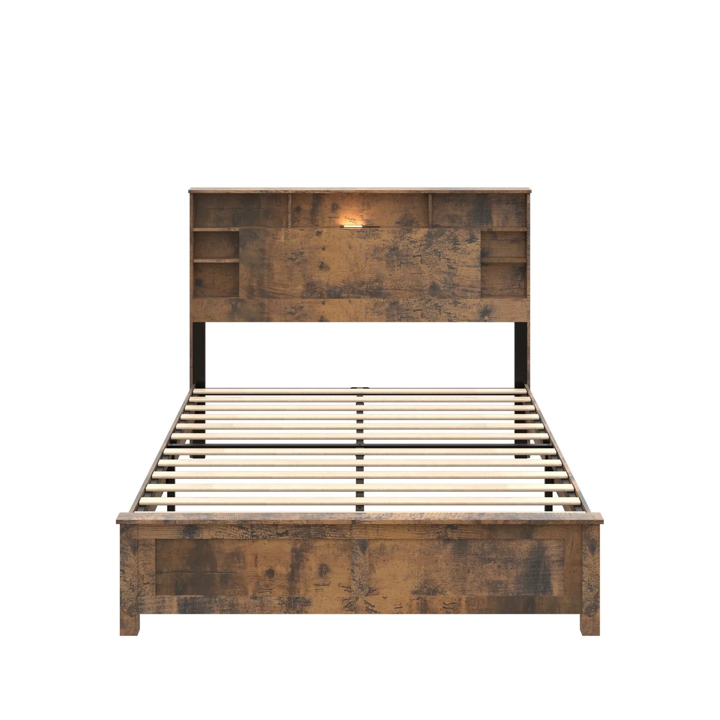 Full Size Bed Frame with Storage Headboard, Wood Platform Bed Frame with Charging Station, LED Lights & Bookcase, No Box Spring Needed, Dark Brown detail view 8