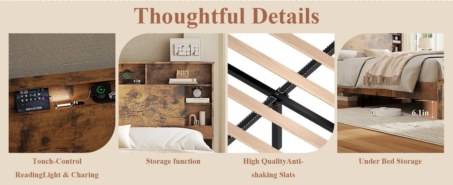 Full Size Bed Frame with Storage Headboard, Wood Platform Bed Frame with Charging Station, LED Lights & Bookcase, No Box Spring Needed, Dark Brown detail view 10