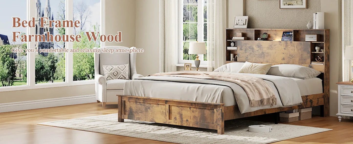 Full Size Bed Frame with Storage Headboard, Wood Platform Bed Frame with Charging Station, LED Lights & Bookcase, No Box Spring Needed, Dark Brown detail view 11
