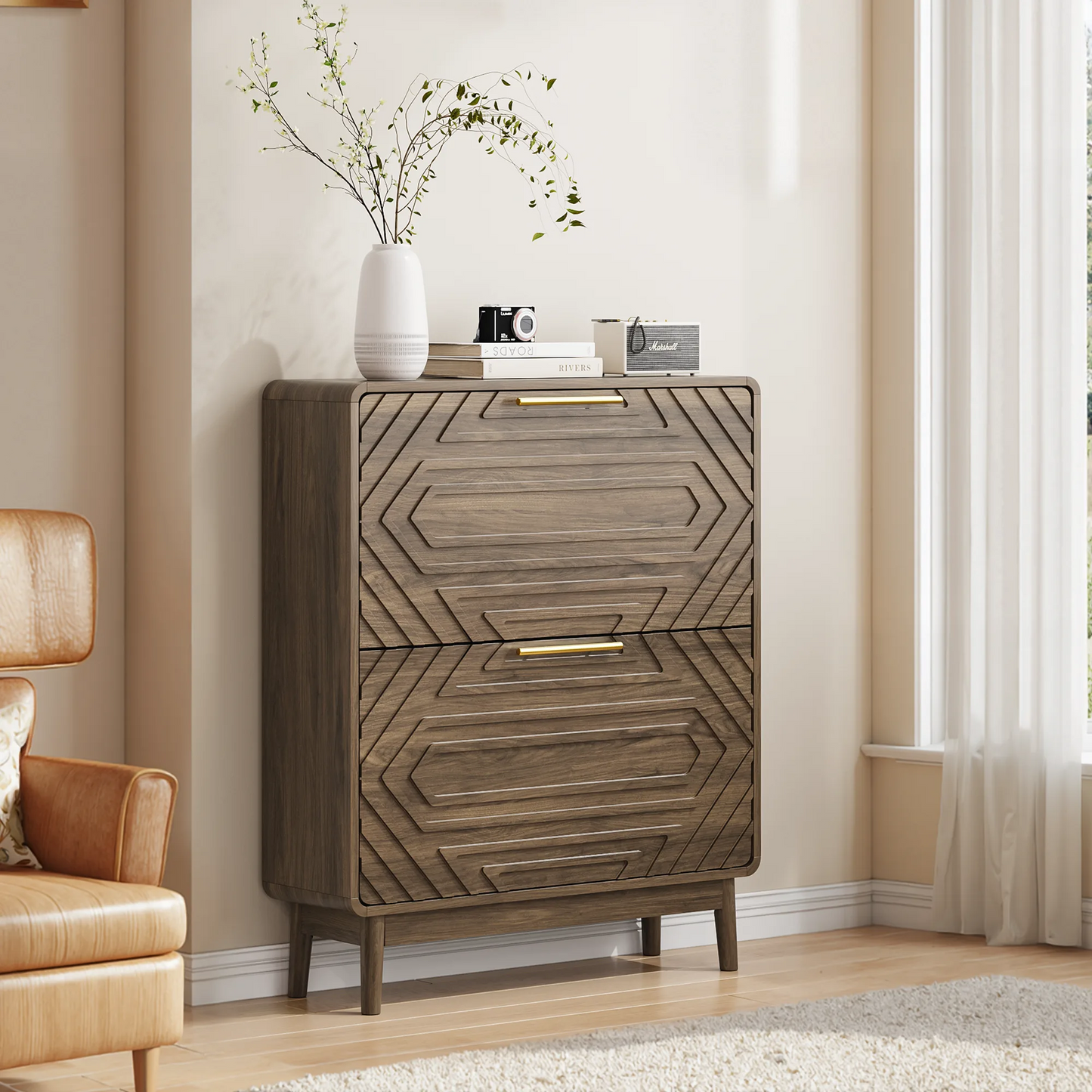 31.5' Walnut Mid-Century Modern Freestanding Shoe Cabinet with 2 Flip-Top Drawers, Solid Wood Legs, MDF Construction, Ideal for Entryway, Hallway, and Foyer lifestyle view