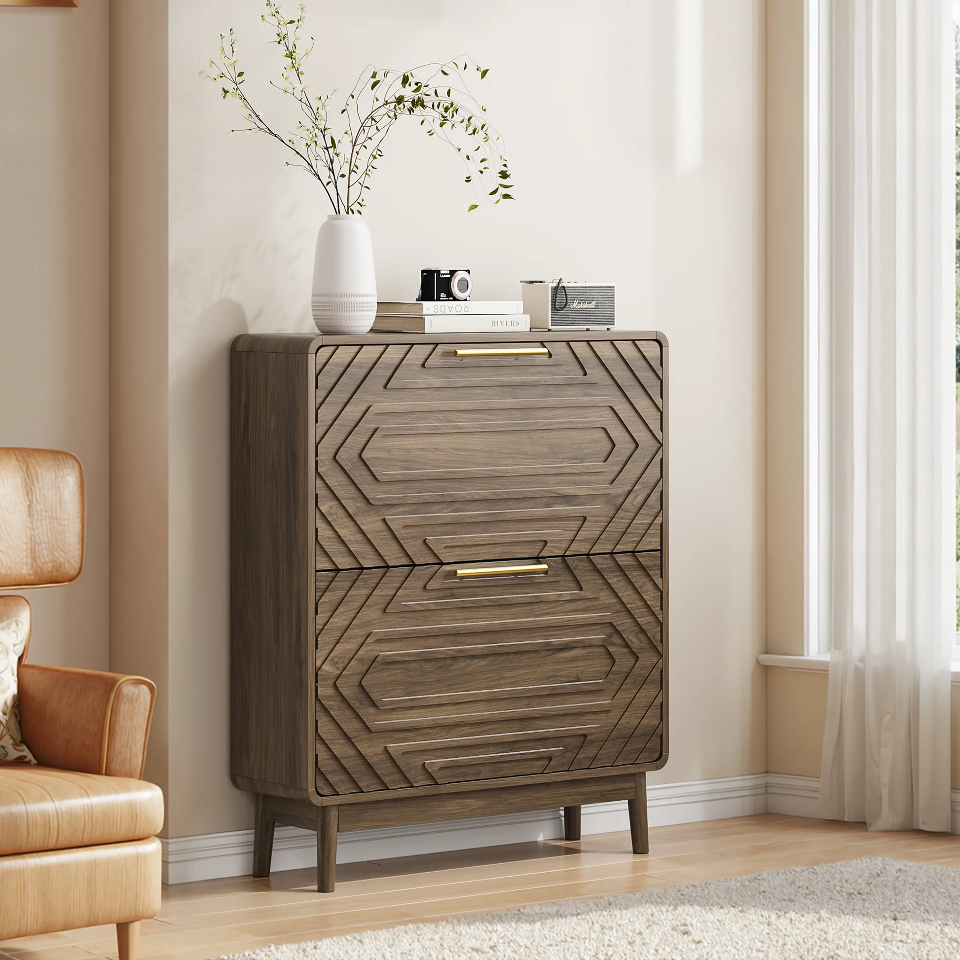 31.5' Walnut Mid-Century Modern Freestanding Shoe Cabinet with 2 Flip-Top Drawers, Solid Wood Legs, MDF Construction, Ideal for Entryway, Hallway, and Foyer lifestyle view