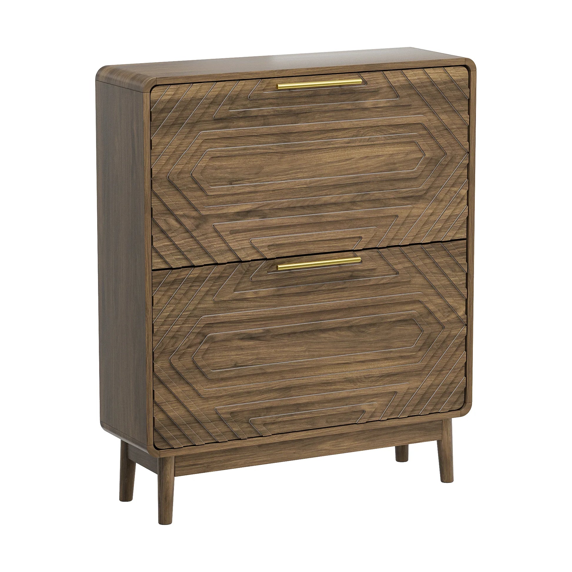 31.5' Walnut Mid-Century Modern Freestanding Shoe Cabinet with 2 Flip-Top Drawers, Solid Wood Legs, MDF Construction, Ideal for Entryway, Hallway, and Foyer detail view 2