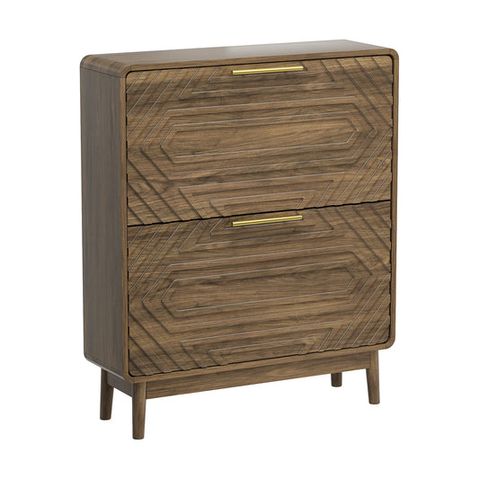 31.5' Walnut Mid-Century Modern Freestanding Shoe Cabinet with 2 Flip-Top Drawers, Solid Wood Legs, MDF Construction, Ideal for Entryway, Hallway, and Foyer detail view 2