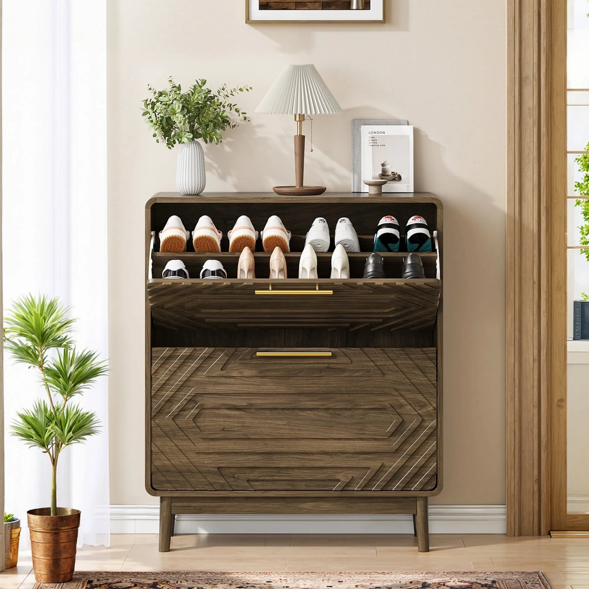 31.5' Walnut Mid-Century Modern Freestanding Shoe Cabinet with 2 Flip-Top Drawers, Solid Wood Legs, MDF Construction, Ideal for Entryway, Hallway, and Foyer detail view 3