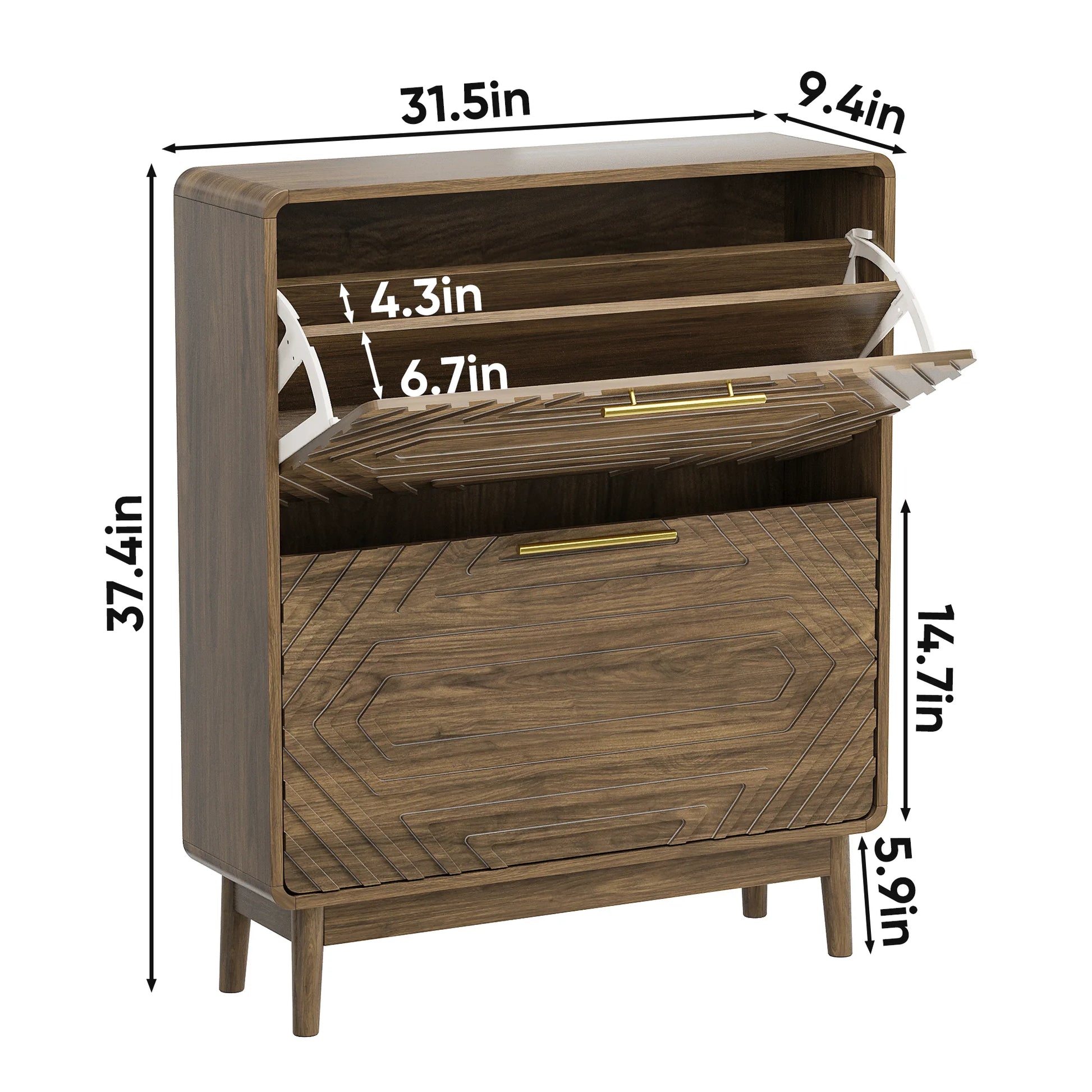 31.5' Walnut Mid-Century Modern Freestanding Shoe Cabinet with 2 Flip-Top Drawers, Solid Wood Legs, MDF Construction, Ideal for Entryway, Hallway, and Foyer detail view 4