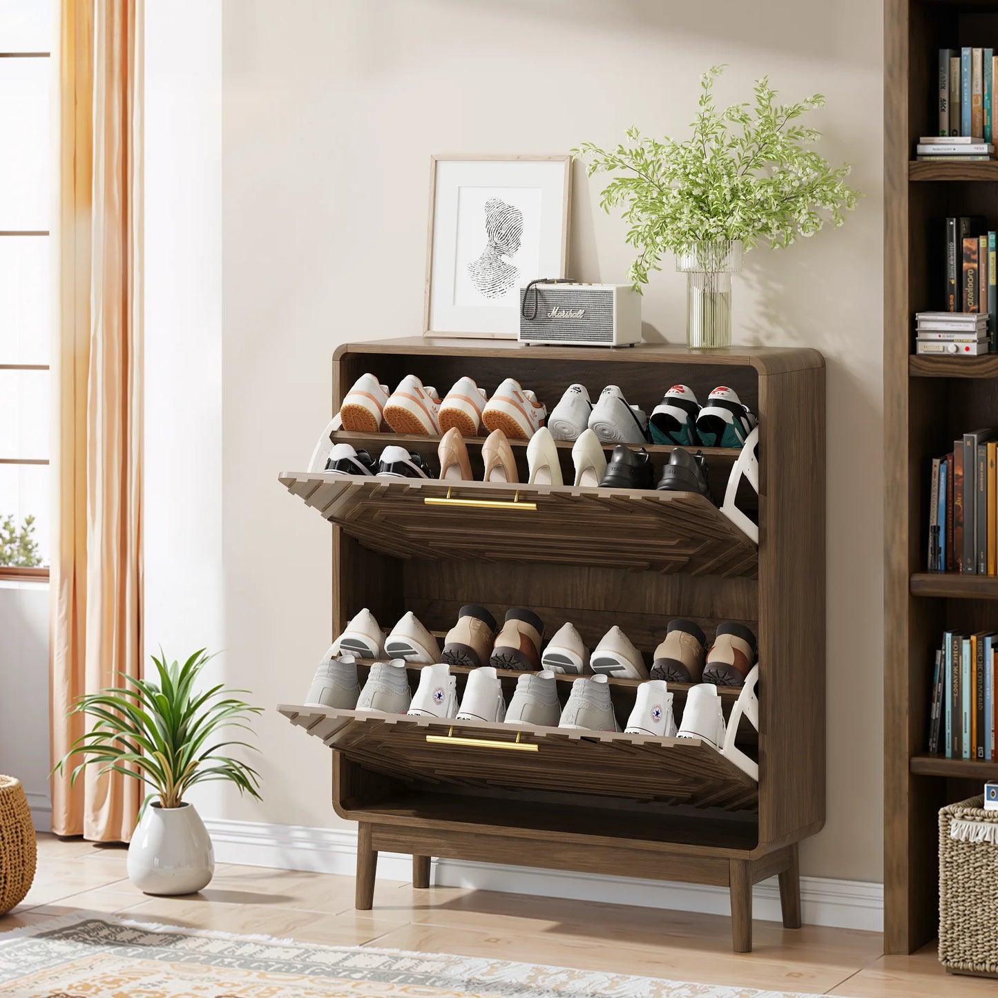 31.5' Walnut Mid-Century Modern Freestanding Shoe Cabinet with 2 Flip-Top Drawers, Solid Wood Legs, MDF Construction, Ideal for Entryway, Hallway, and Foyer detail view 5