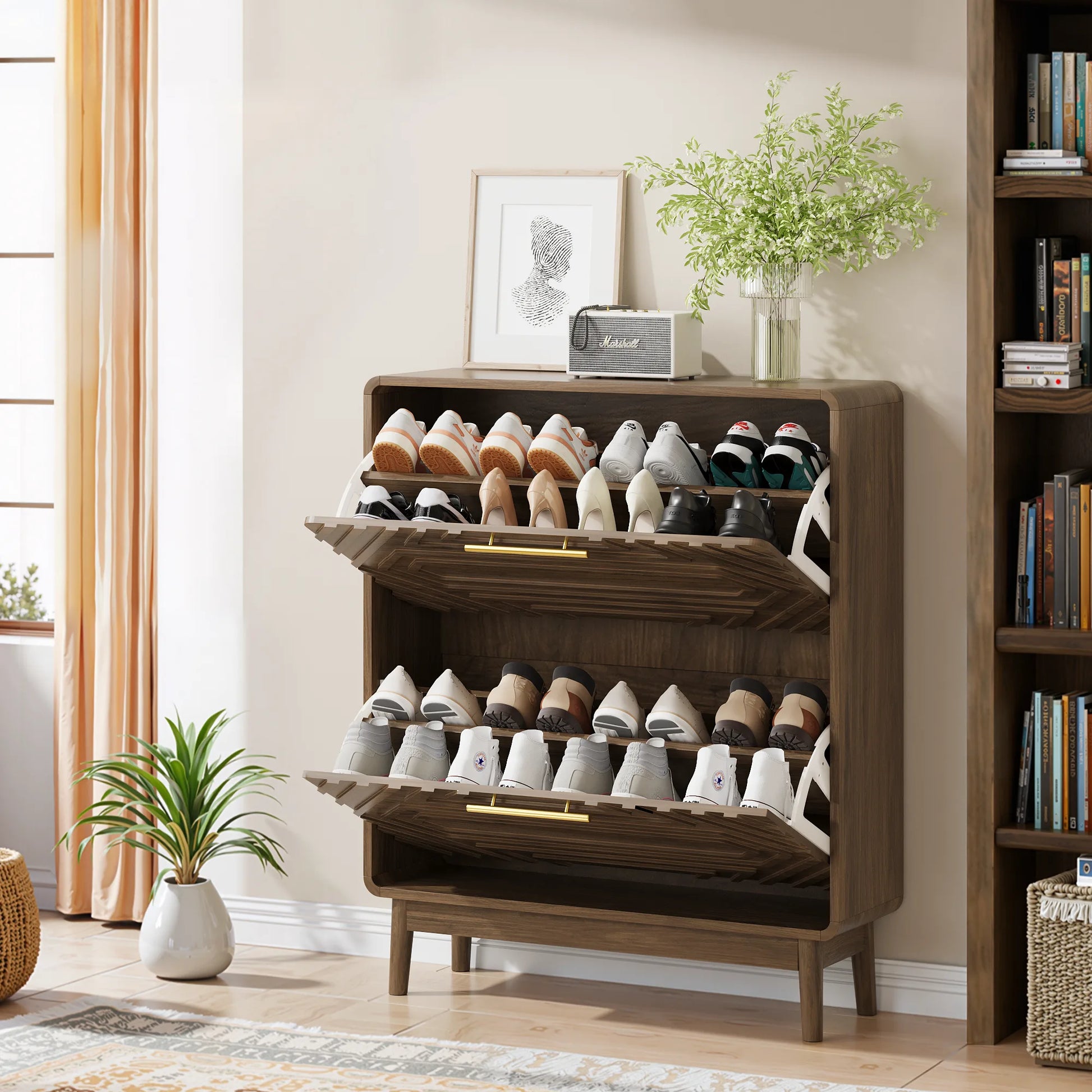 31.5' Walnut Mid-Century Modern Freestanding Shoe Cabinet with 2 Flip-Top Drawers, Solid Wood Legs, MDF Construction, Ideal for Entryway, Hallway, and Foyer detail view 5