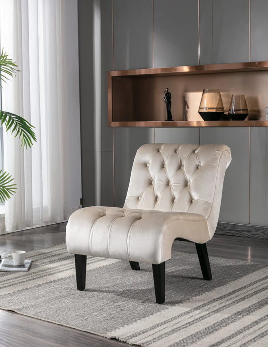 COOLMORE Modern Velvet Armless Accent Living Room Chair / Leisure Chair, Upholstered Fabric Button Comfortable Chair with Wooden Legs for Bedroom, Living Room, Office (Beige Velvet) lifestyle view