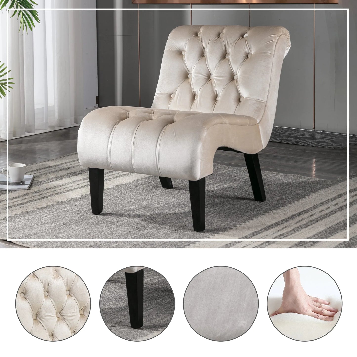 COOLMORE Modern Velvet Armless Accent Living Room Chair / Leisure Chair, Upholstered Fabric Button Comfortable Chair with Wooden Legs for Bedroom, Living Room, Office (Beige Velvet) detail view 2