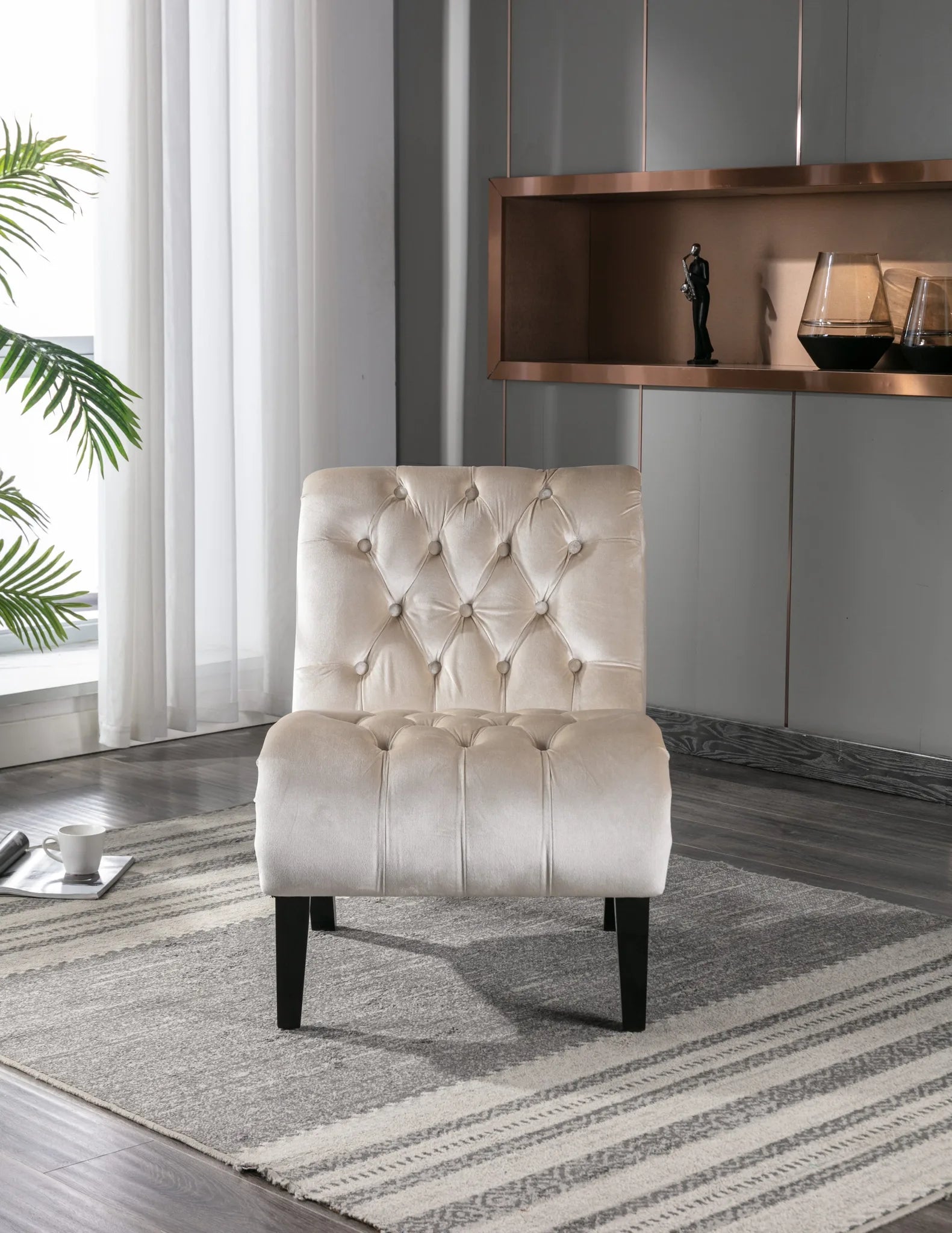 COOLMORE Modern Velvet Armless Accent Living Room Chair / Leisure Chair, Upholstered Fabric Button Comfortable Chair with Wooden Legs for Bedroom, Living Room, Office (Beige Velvet) detail view 3