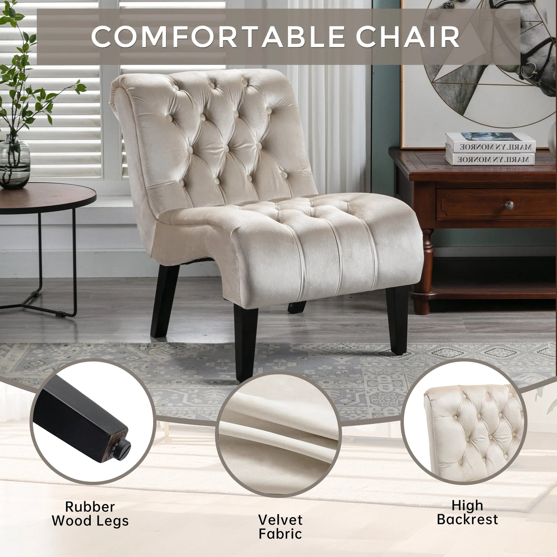 COOLMORE Modern Velvet Armless Accent Living Room Chair / Leisure Chair, Upholstered Fabric Button Comfortable Chair with Wooden Legs for Bedroom, Living Room, Office (Beige Velvet) detail view 4