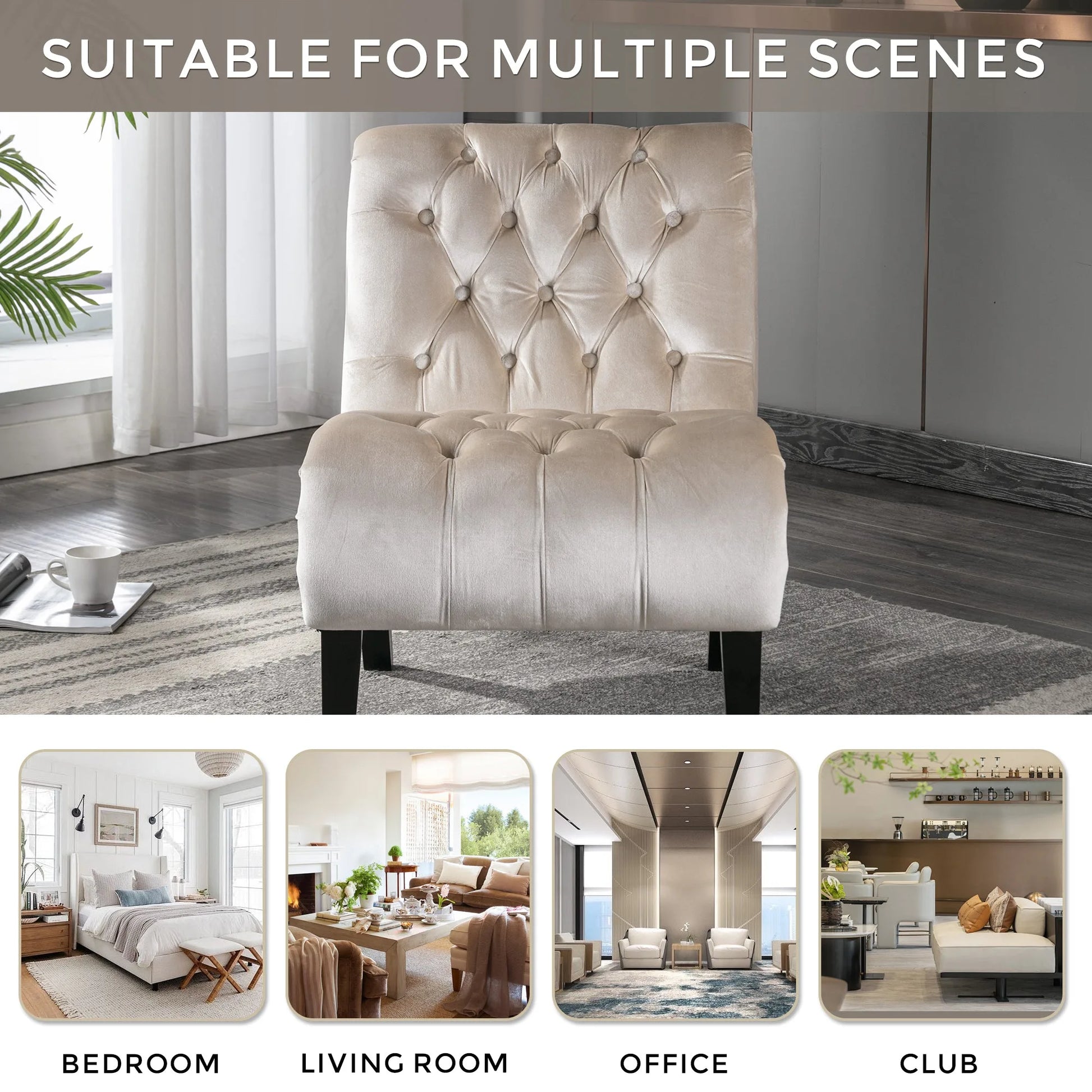 COOLMORE Modern Velvet Armless Accent Living Room Chair / Leisure Chair, Upholstered Fabric Button Comfortable Chair with Wooden Legs for Bedroom, Living Room, Office (Beige Velvet) detail view 5