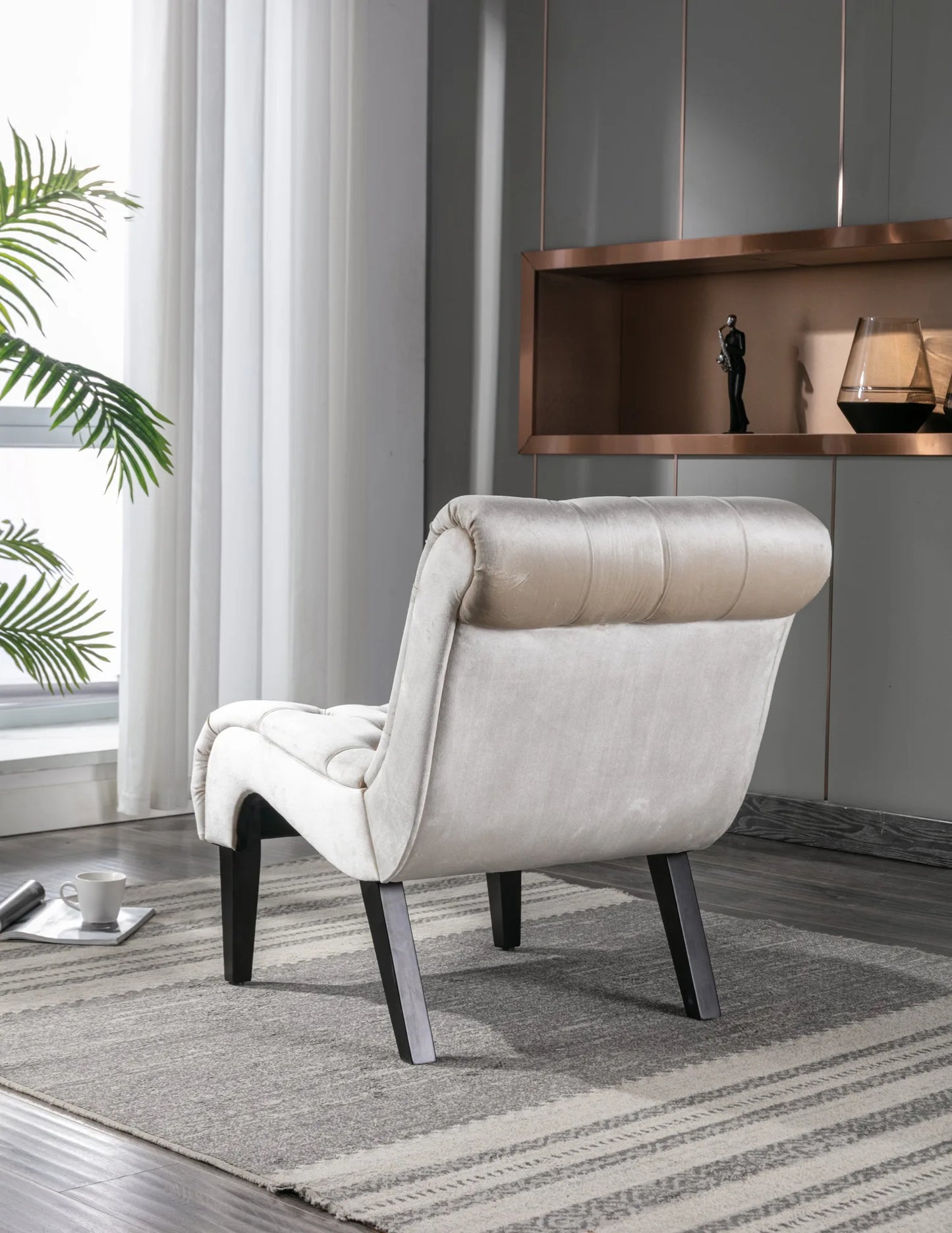COOLMORE Modern Velvet Armless Accent Living Room Chair / Leisure Chair, Upholstered Fabric Button Comfortable Chair with Wooden Legs for Bedroom, Living Room, Office (Beige Velvet) detail view 6
