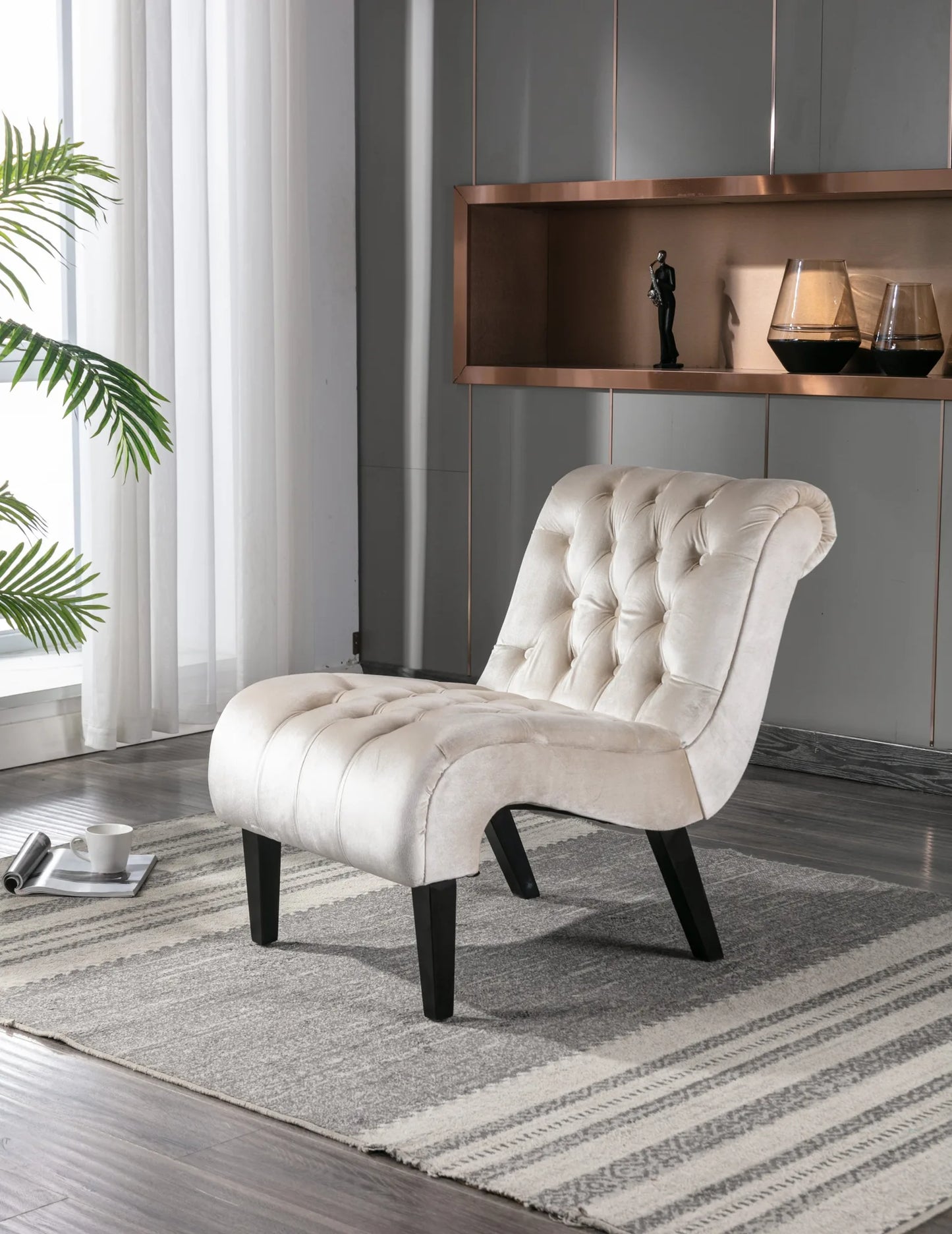 COOLMORE Modern Velvet Armless Accent Living Room Chair / Leisure Chair, Upholstered Fabric Button Comfortable Chair with Wooden Legs for Bedroom, Living Room, Office (Beige Velvet) detail view 7