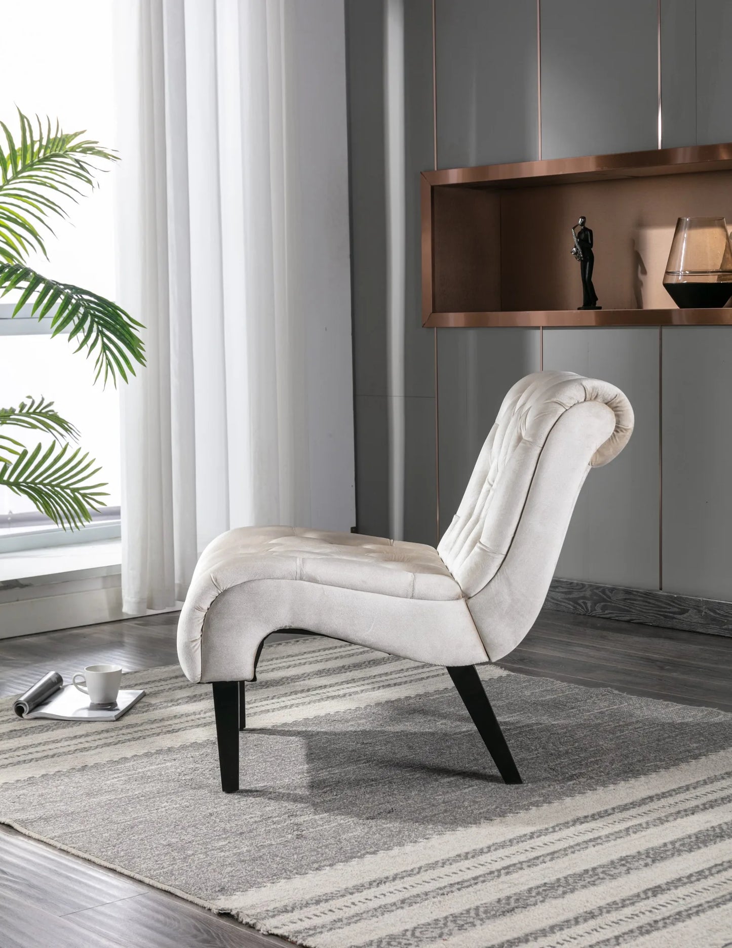 COOLMORE Modern Velvet Armless Accent Living Room Chair / Leisure Chair, Upholstered Fabric Button Comfortable Chair with Wooden Legs for Bedroom, Living Room, Office (Beige Velvet) detail view 8