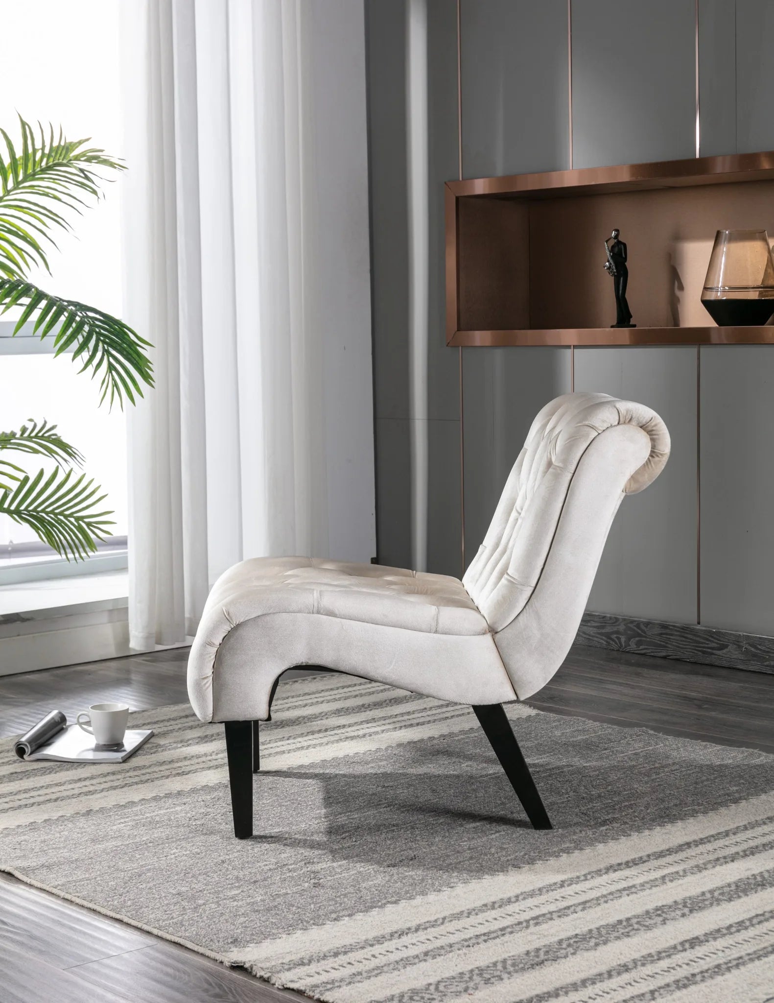 COOLMORE Modern Velvet Armless Accent Living Room Chair / Leisure Chair, Upholstered Fabric Button Comfortable Chair with Wooden Legs for Bedroom, Living Room, Office (Beige Velvet) detail view 8