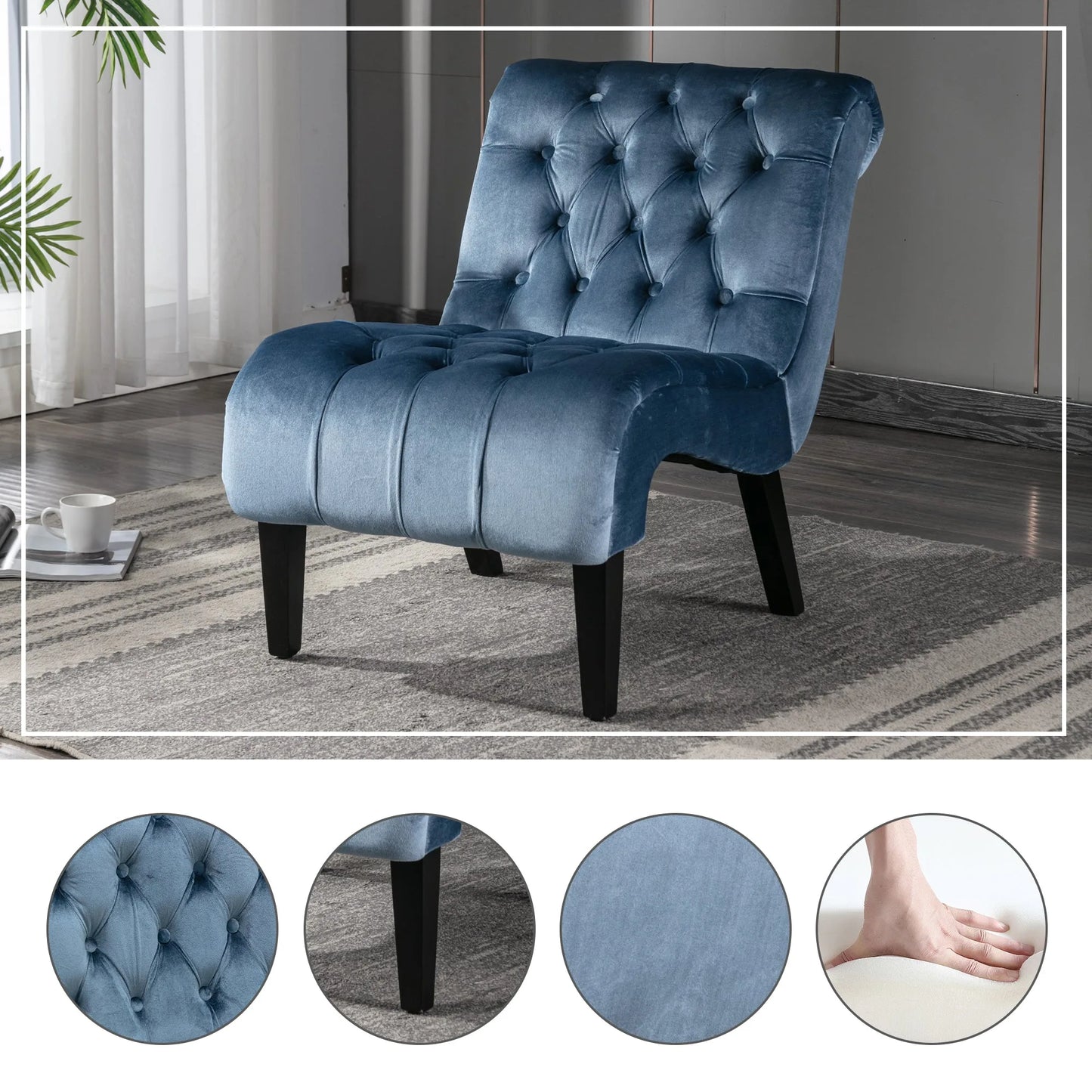 COOLMORE Modern Velvet Armless Accent Living Room Chair / Leisure Chair, Upholstered Fabric Button Comfortable Chair with Wooden Legs for Bedroom, Living Room, Office (Beige Velvet) detail view 20