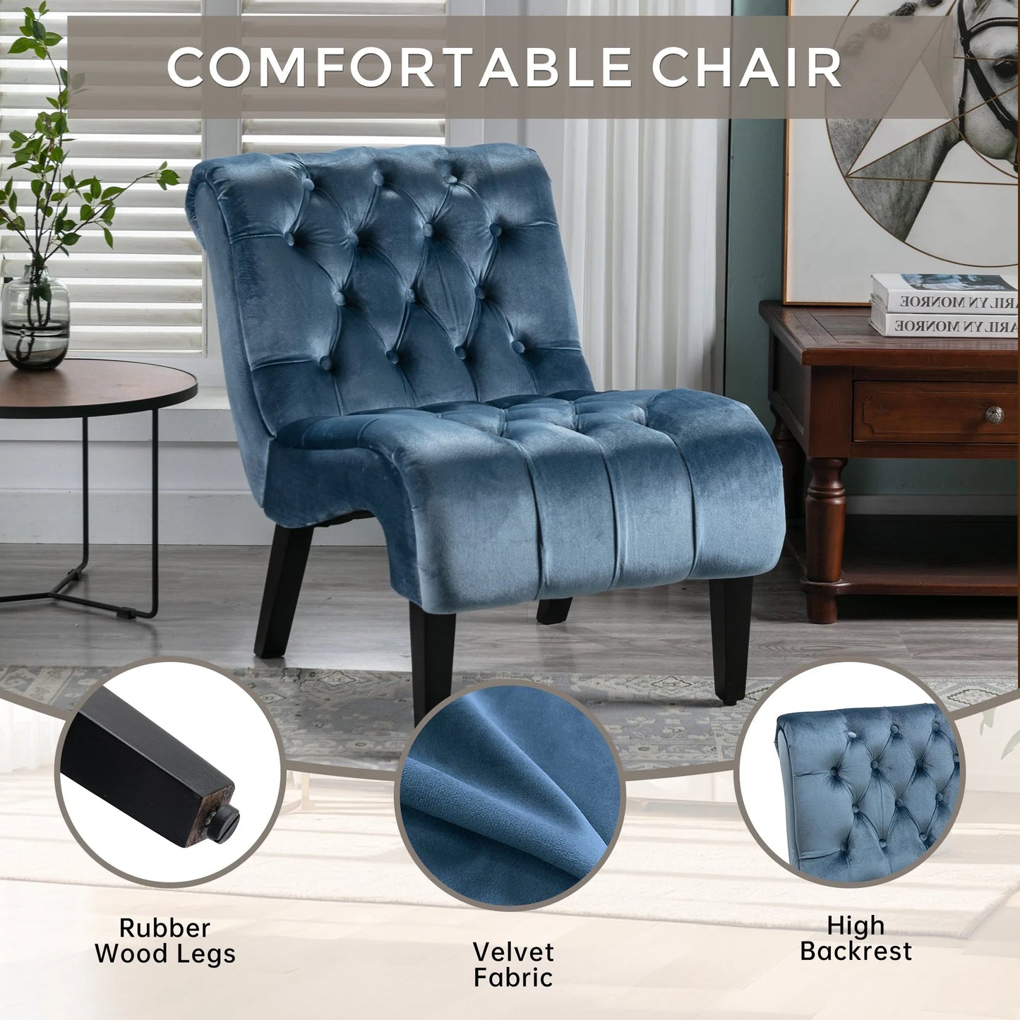 COOLMORE Modern Velvet Armless Accent Living Room Chair / Leisure Chair, Upholstered Fabric Button Comfortable Chair with Wooden Legs for Bedroom, Living Room, Office (Beige Velvet) detail view 23