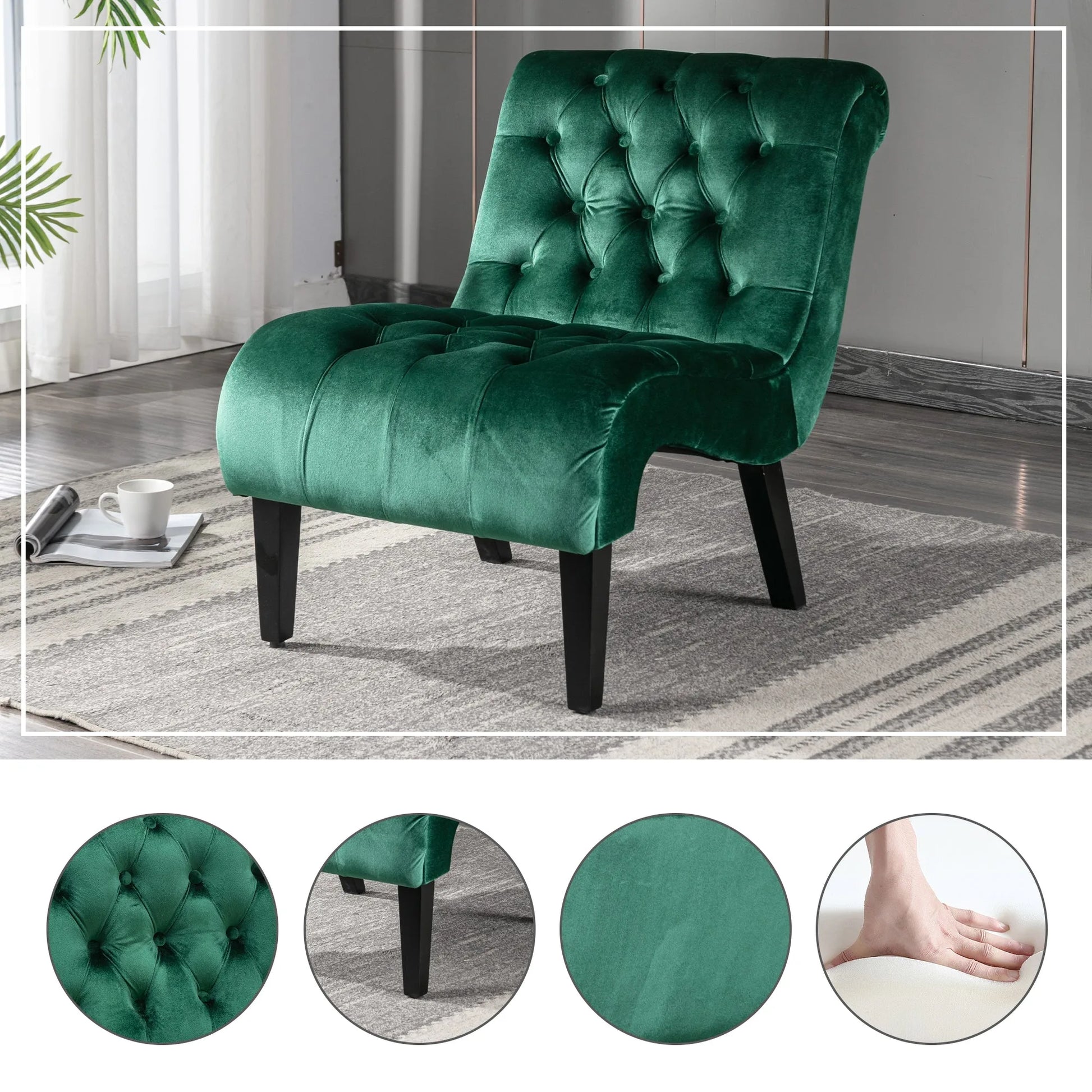 COOLMORE Modern Velvet Armless Accent Living Room Chair / Leisure Chair, Upholstered Fabric Button Comfortable Chair with Wooden Legs for Bedroom, Living Room, Office (Beige Velvet) detail view 38