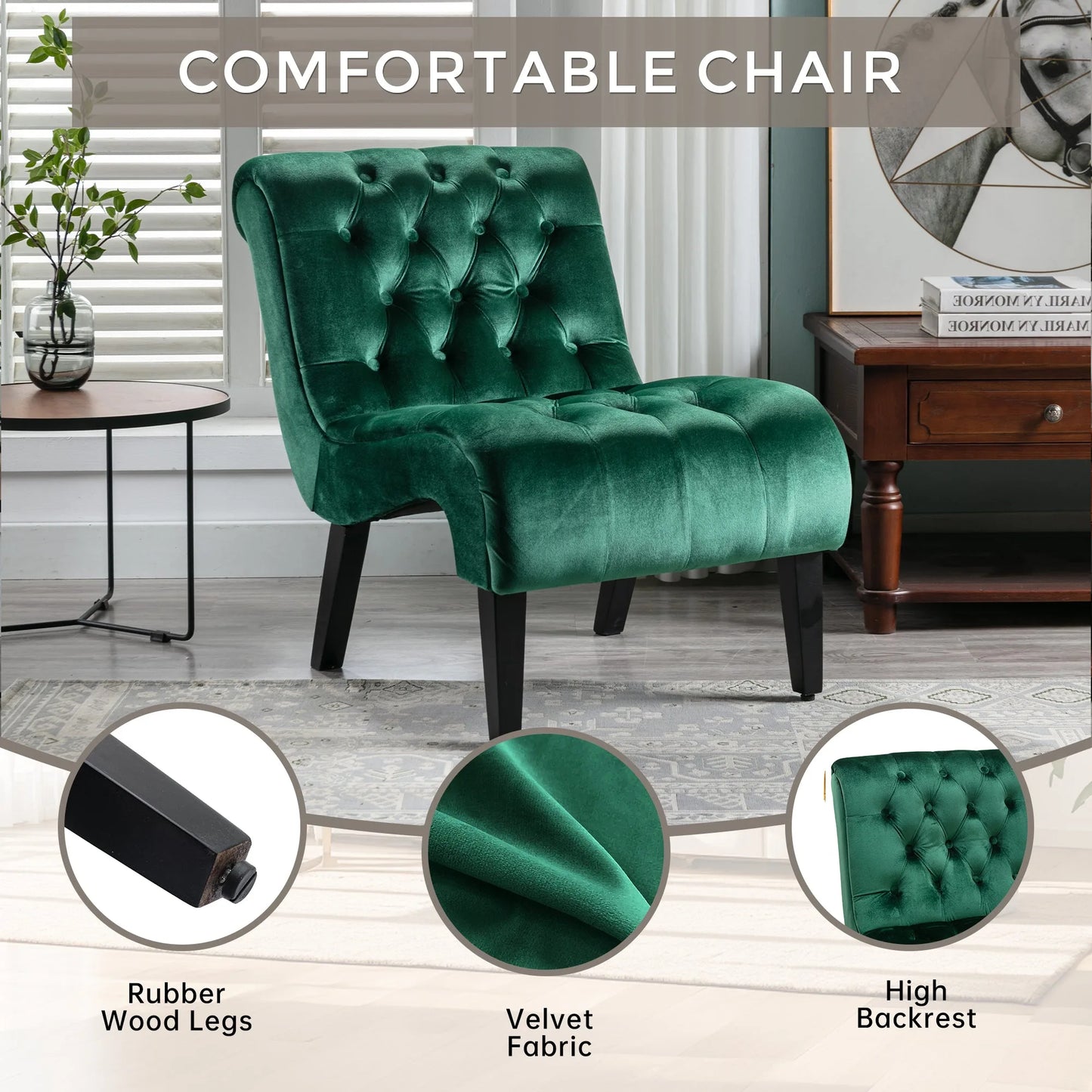 COOLMORE Modern Velvet Armless Accent Living Room Chair / Leisure Chair, Upholstered Fabric Button Comfortable Chair with Wooden Legs for Bedroom, Living Room, Office (Beige Velvet) detail view 41