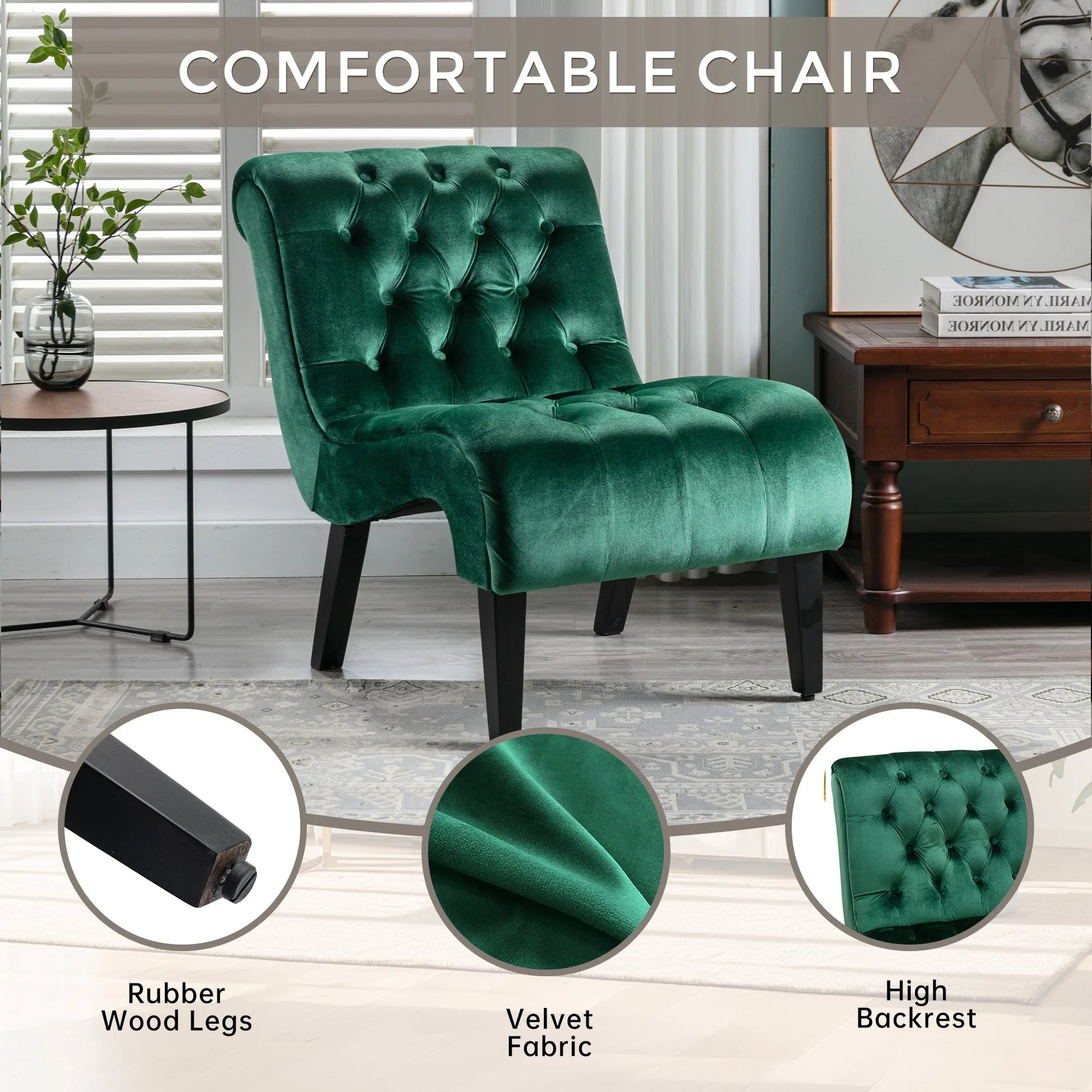 COOLMORE Modern Velvet Armless Accent Living Room Chair / Leisure Chair, Upholstered Fabric Button Comfortable Chair with Wooden Legs for Bedroom, Living Room, Office (Beige Velvet) detail view 41