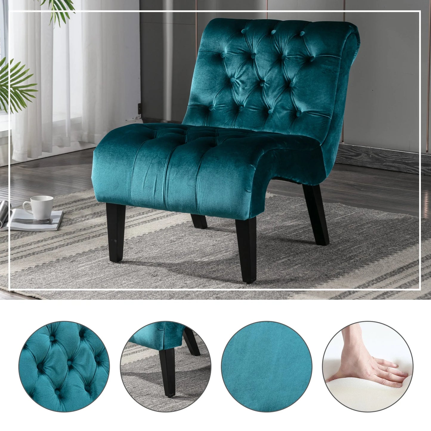 COOLMORE Modern Velvet Armless Accent Living Room Chair / Leisure Chair, Upholstered Fabric Button Comfortable Chair with Wooden Legs for Bedroom, Living Room, Office (Beige Velvet) detail view 56