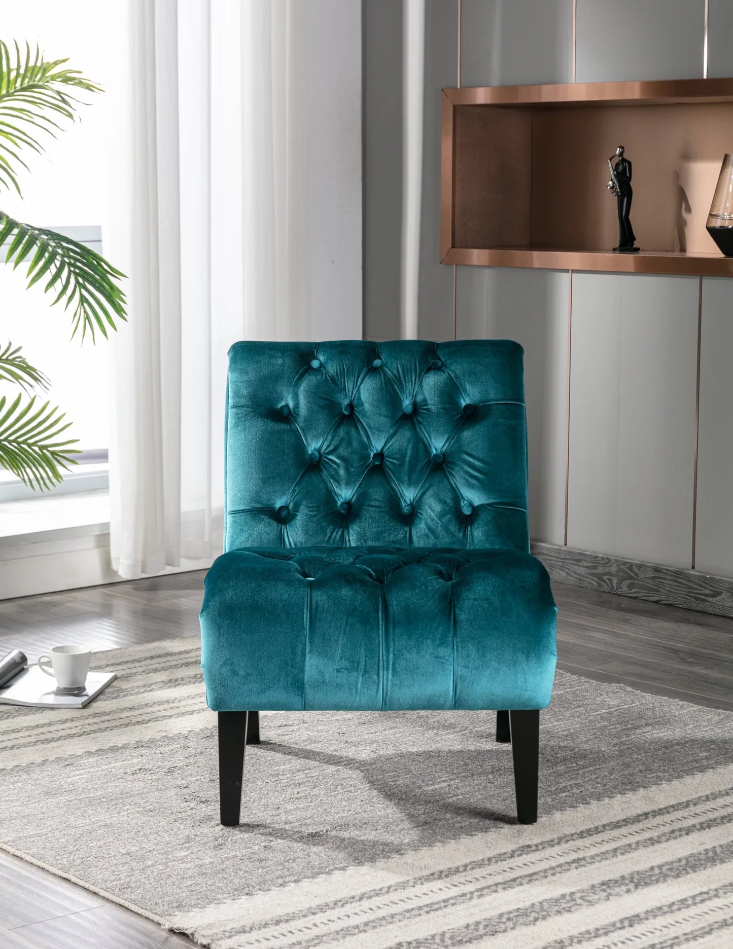 COOLMORE Modern Velvet Armless Accent Living Room Chair / Leisure Chair, Upholstered Fabric Button Comfortable Chair with Wooden Legs for Bedroom, Living Room, Office (Beige Velvet) detail view 58
