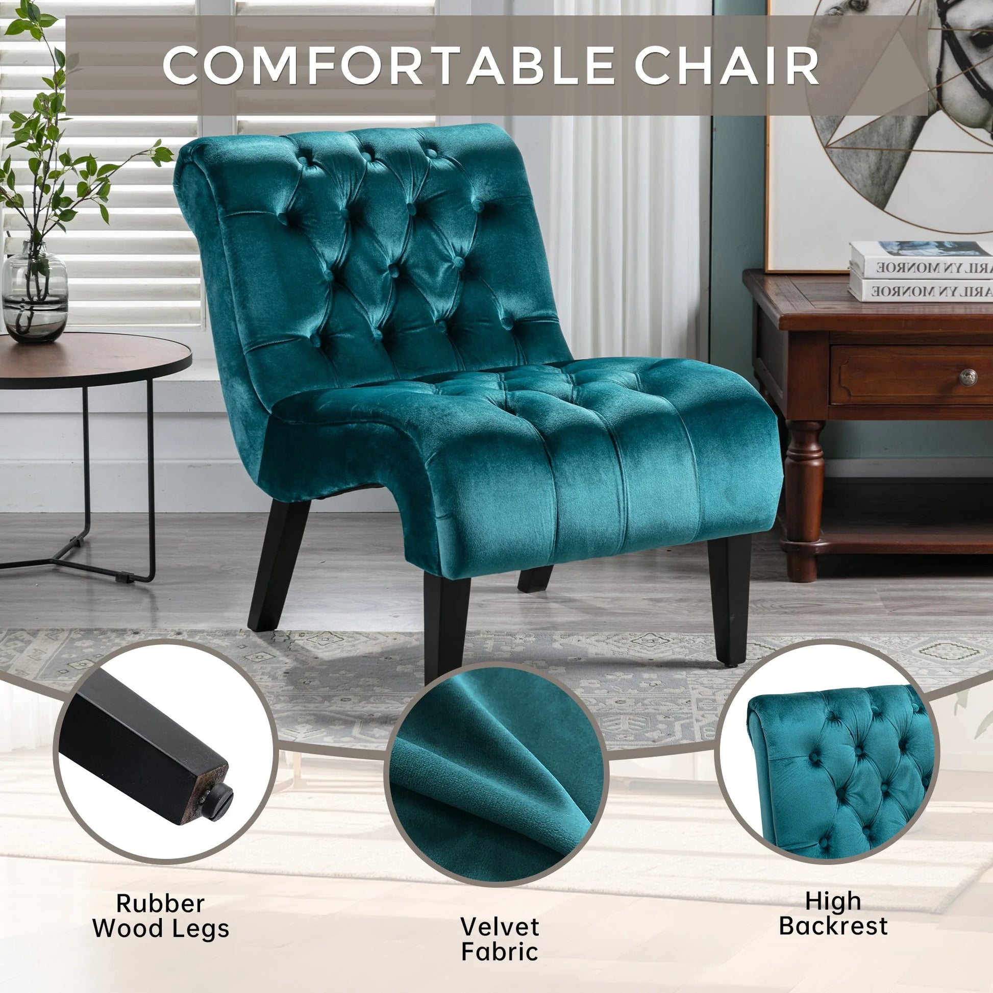 COOLMORE Modern Velvet Armless Accent Living Room Chair / Leisure Chair, Upholstered Fabric Button Comfortable Chair with Wooden Legs for Bedroom, Living Room, Office (Beige Velvet) detail view 59
