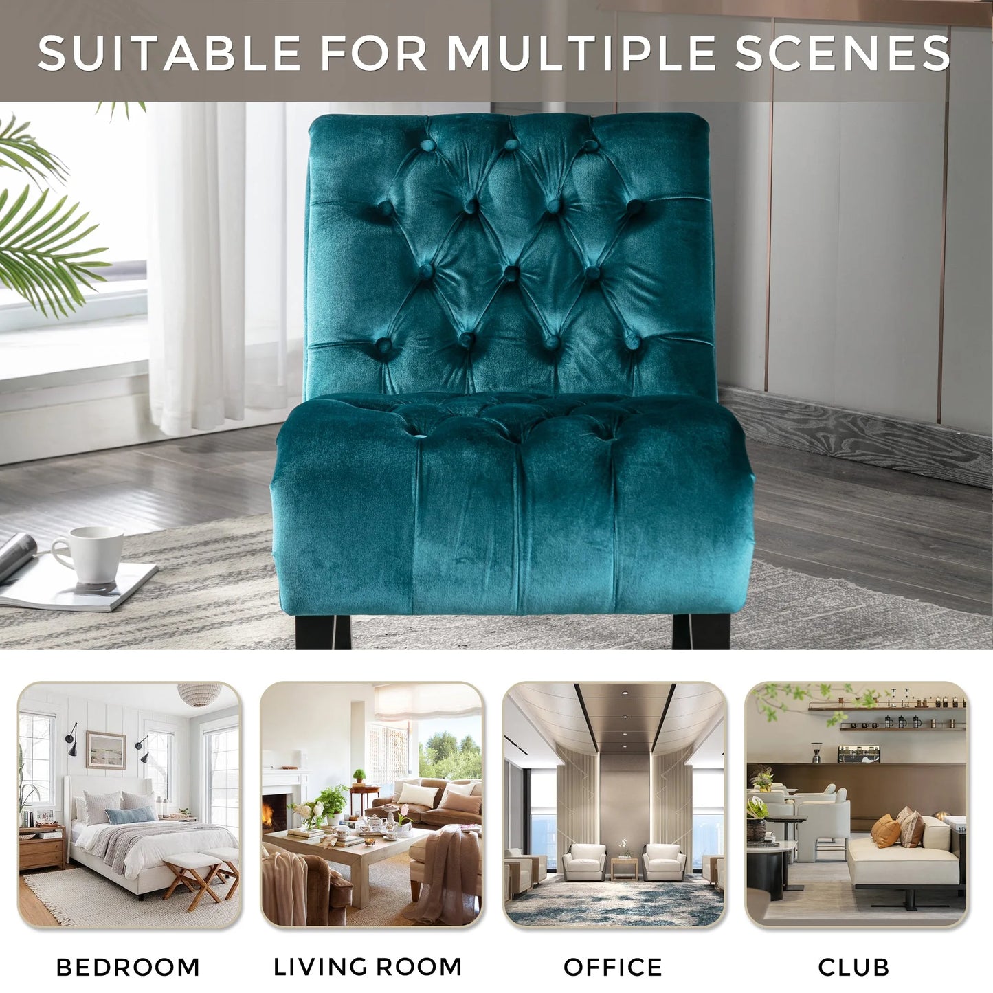 COOLMORE Modern Velvet Armless Accent Living Room Chair / Leisure Chair, Upholstered Fabric Button Comfortable Chair with Wooden Legs for Bedroom, Living Room, Office (Beige Velvet) detail view 60