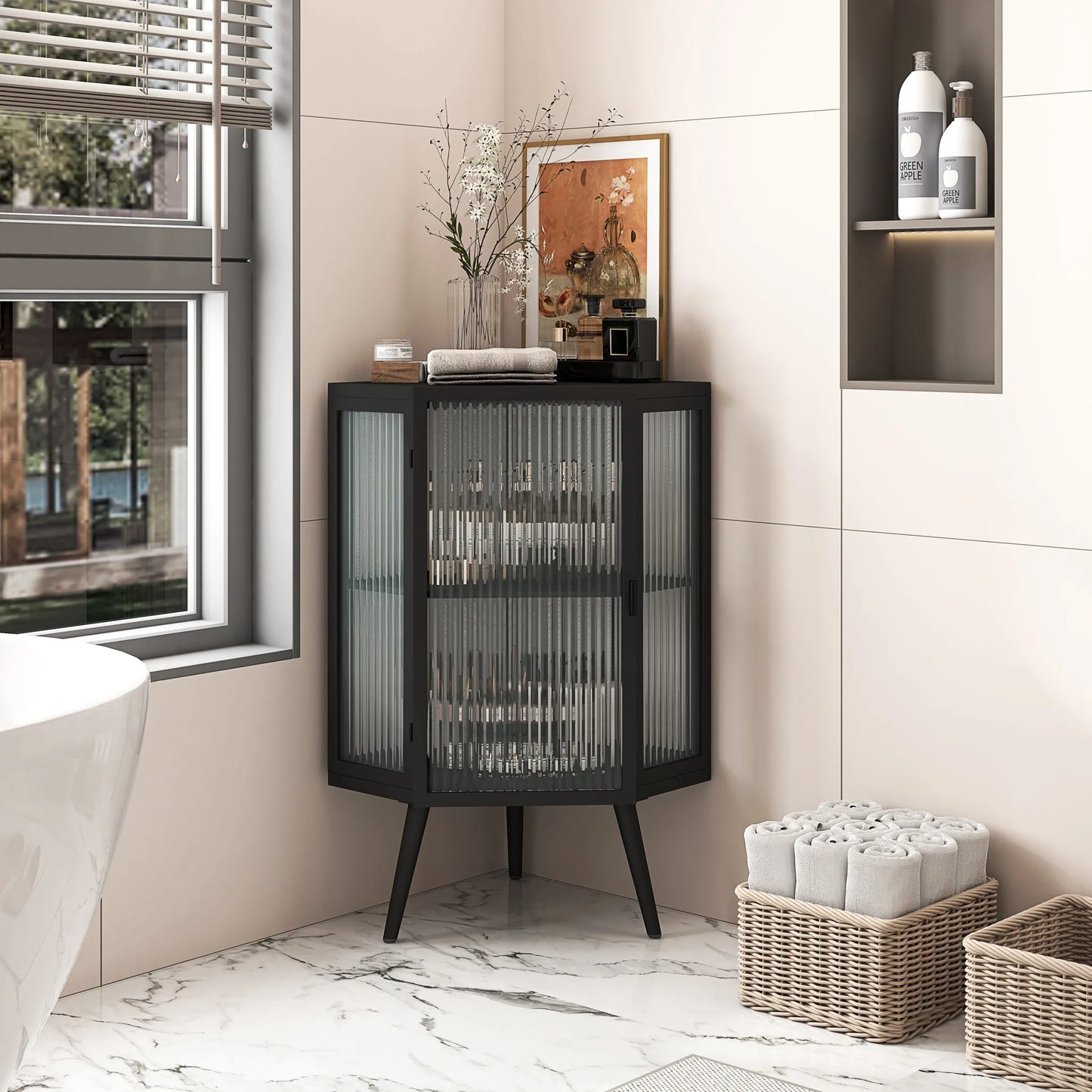 22.25' Floor Coner Cabinet with Tempered Glass Door & Storage Shelves for Bathroom, Living Room, Bedroom (Black) lifestyle view