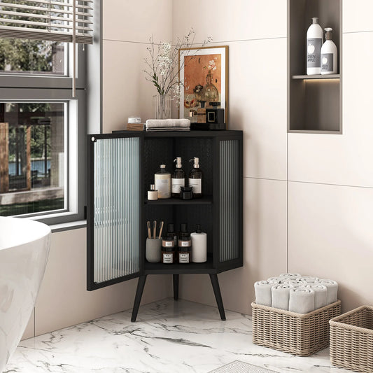 22.25' Floor Coner Cabinet with Tempered Glass Door & Storage Shelves for Bathroom, Living Room, Bedroom (Black) detail view 2