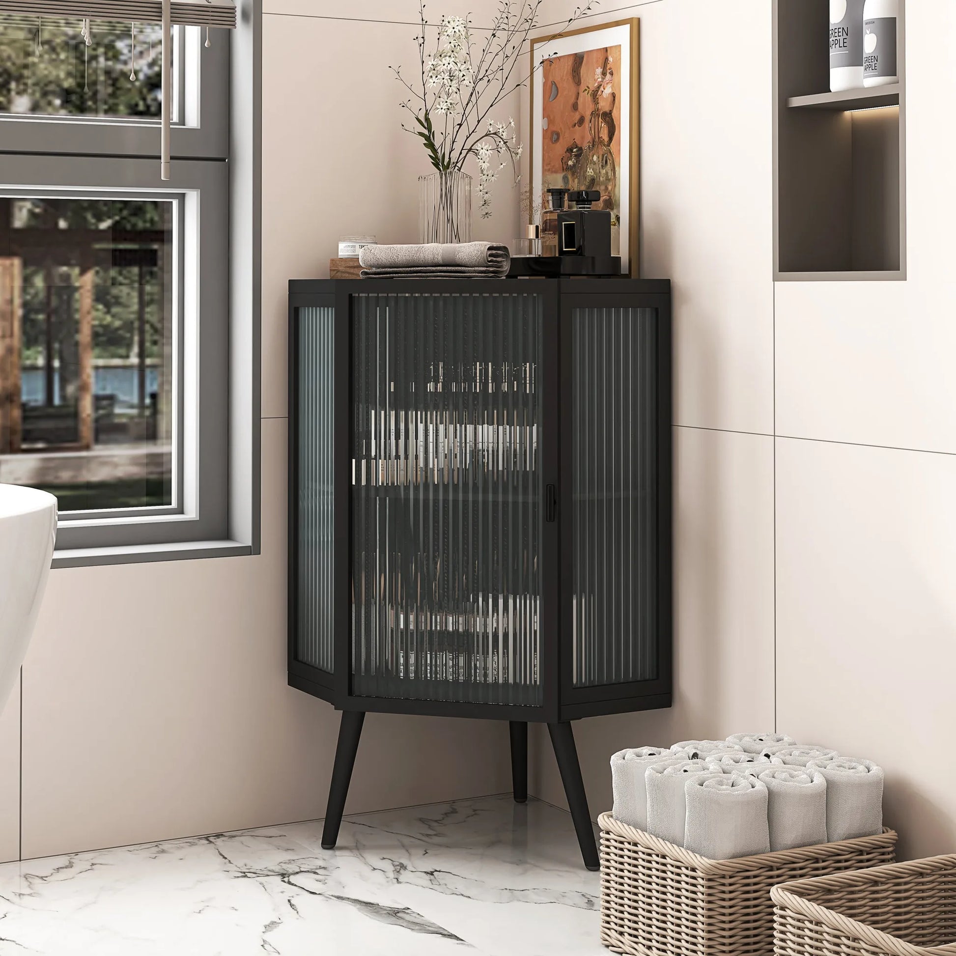 22.25' Floor Coner Cabinet with Tempered Glass Door & Storage Shelves for Bathroom, Living Room, Bedroom (Black) detail view 3